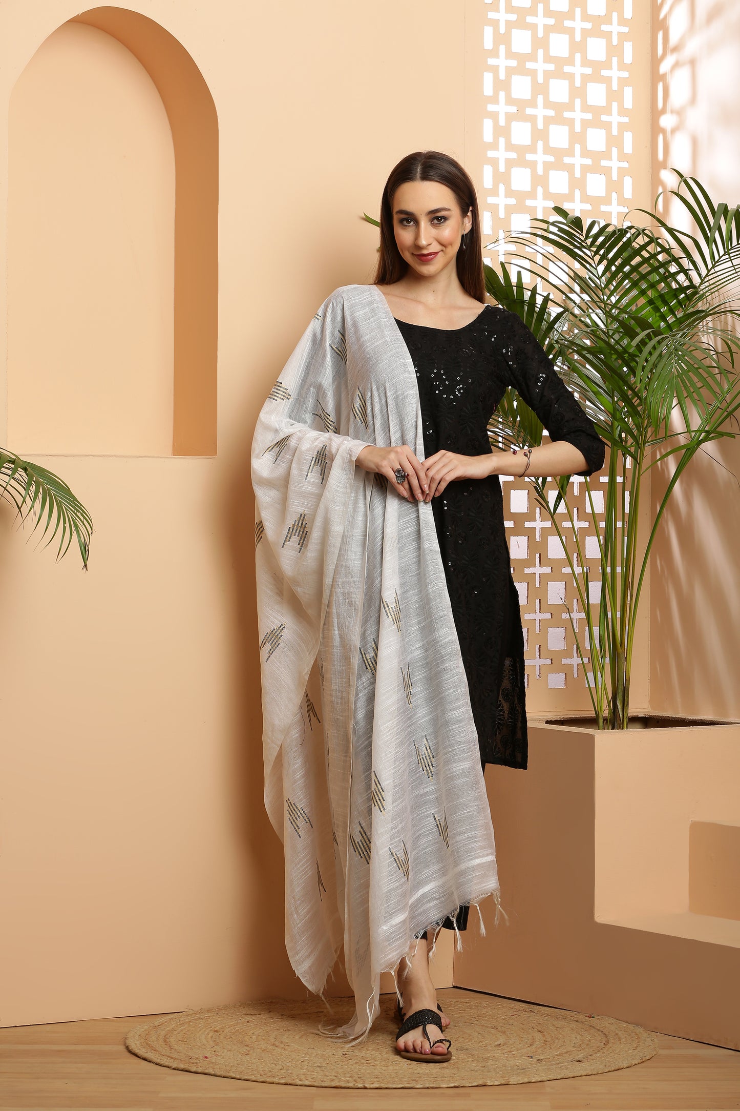 Dupatta-Cotton Slub Silk - White