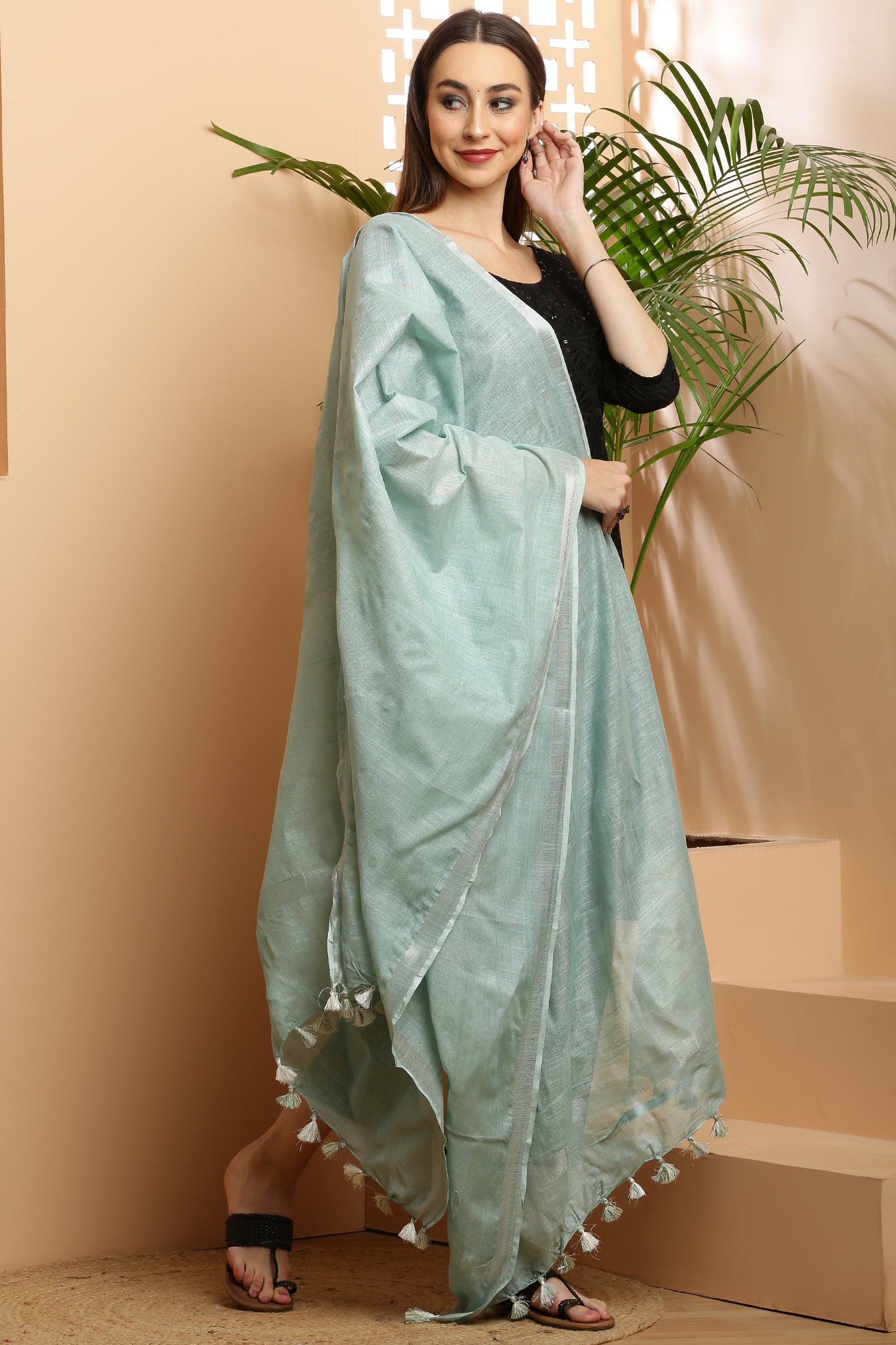 Dupatta -Cotton Linen -Greenish Gray
