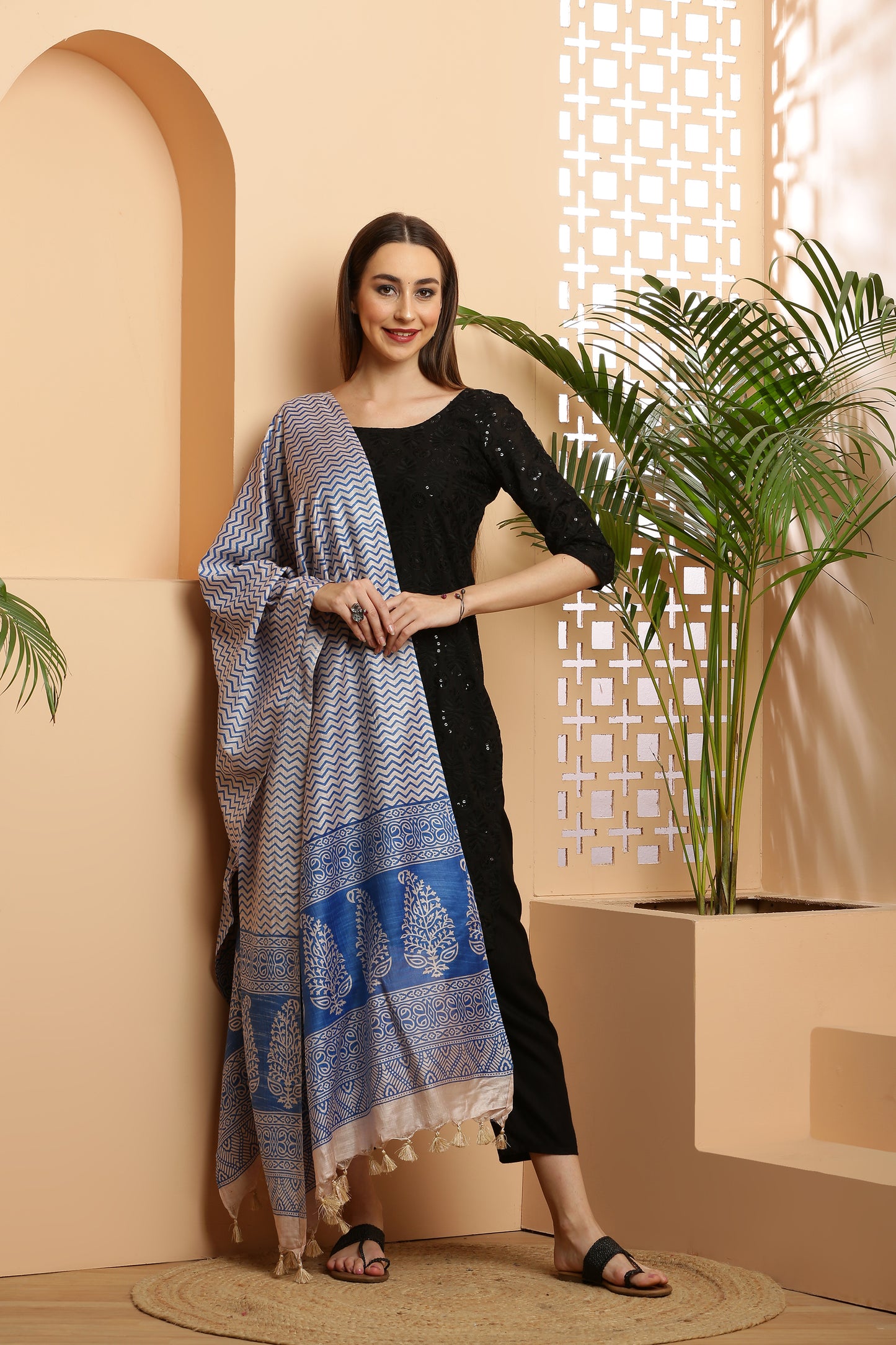 Dupatta-Bhagalpuri Katan - ZigZag Blue