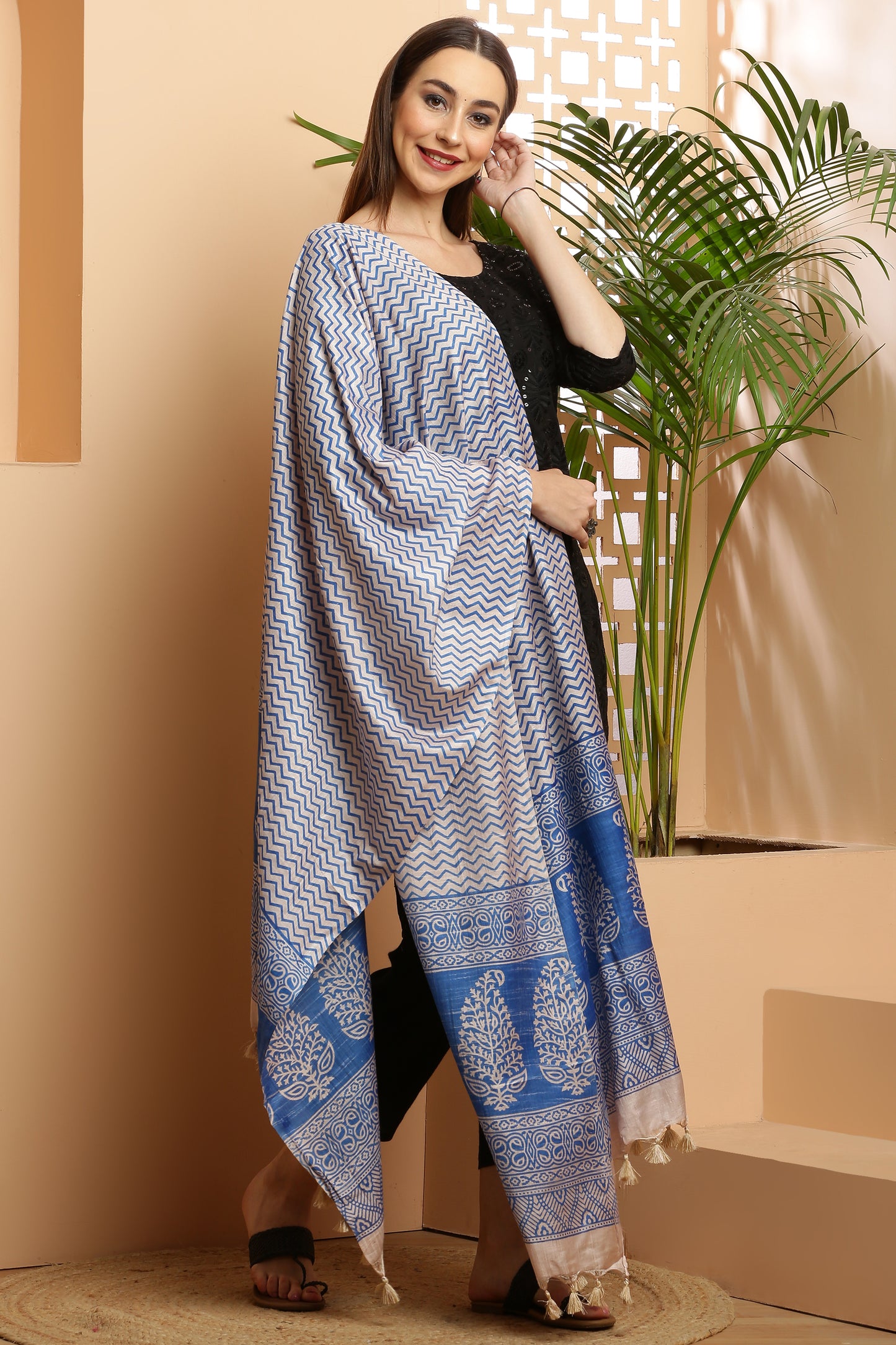 Dupatta-Bhagalpuri Katan - ZigZag Blue