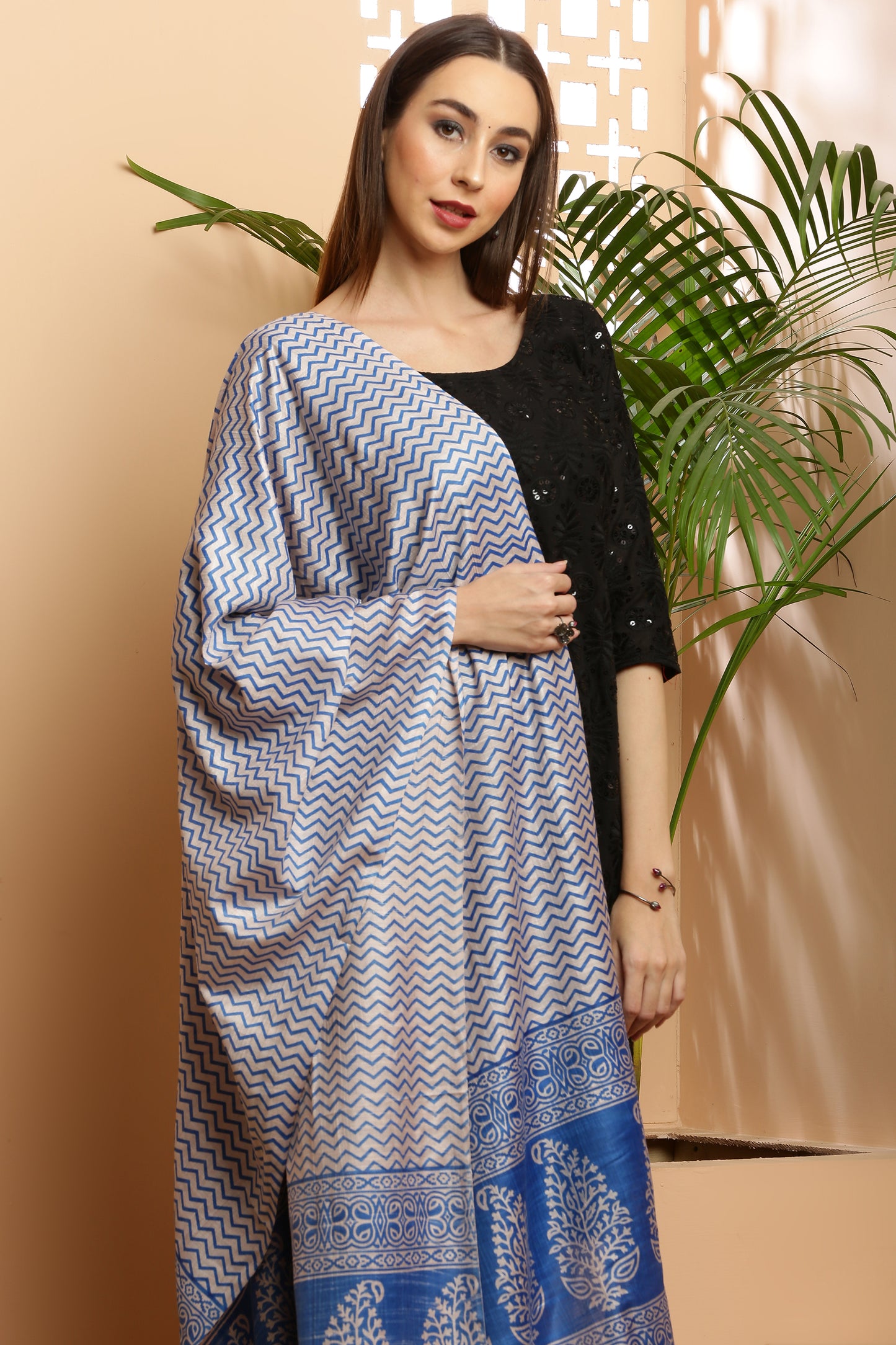 Dupatta-Bhagalpuri Katan - ZigZag Blue