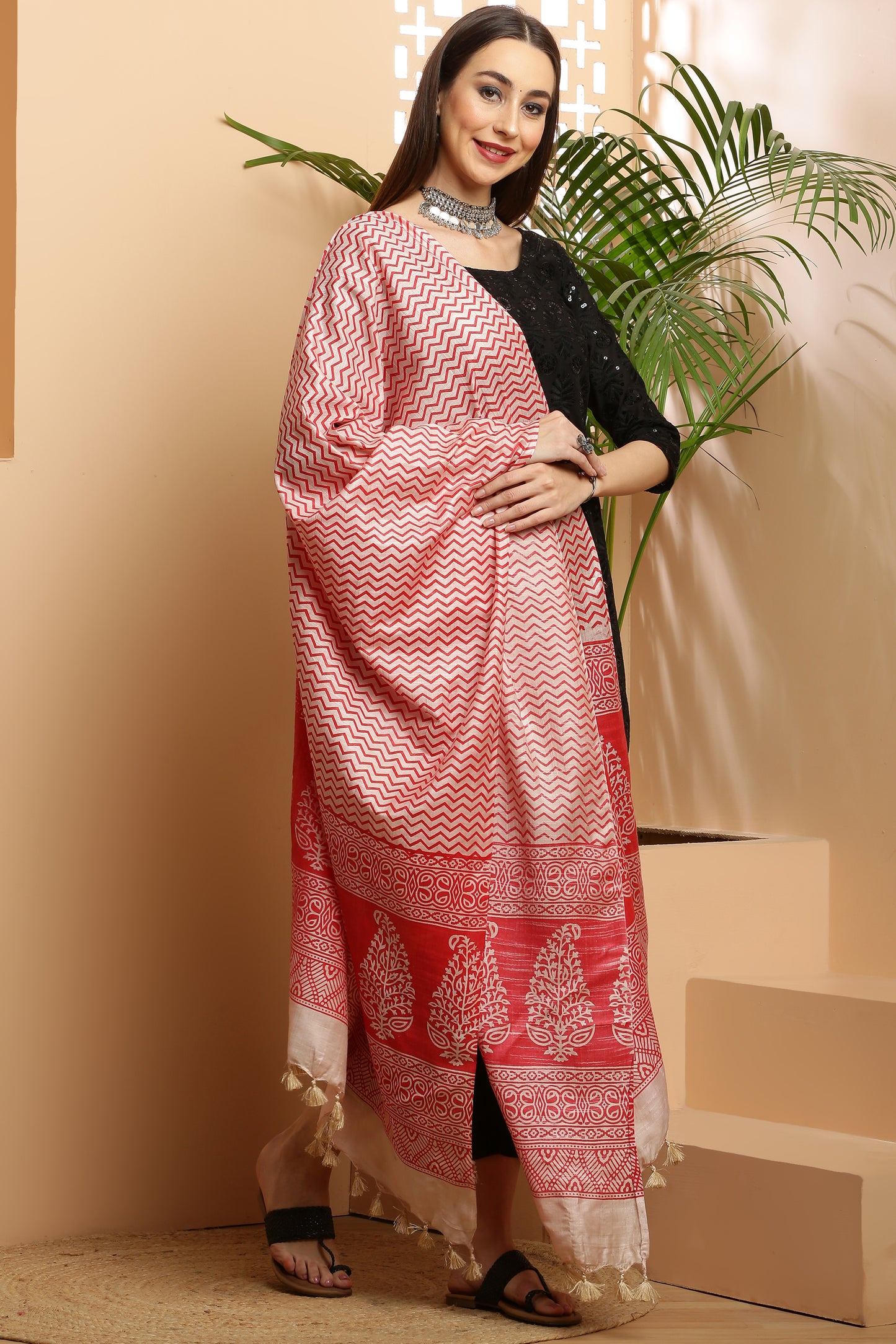 Dupatta-Bhagalpuri Katan - ZigZag Red