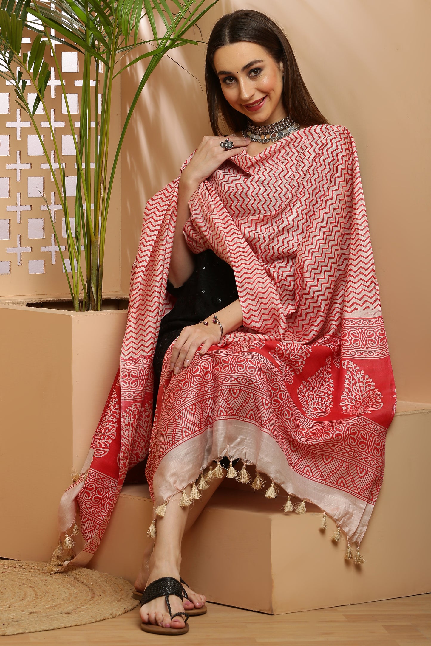 Dupatta-Bhagalpuri Katan - ZigZag Red