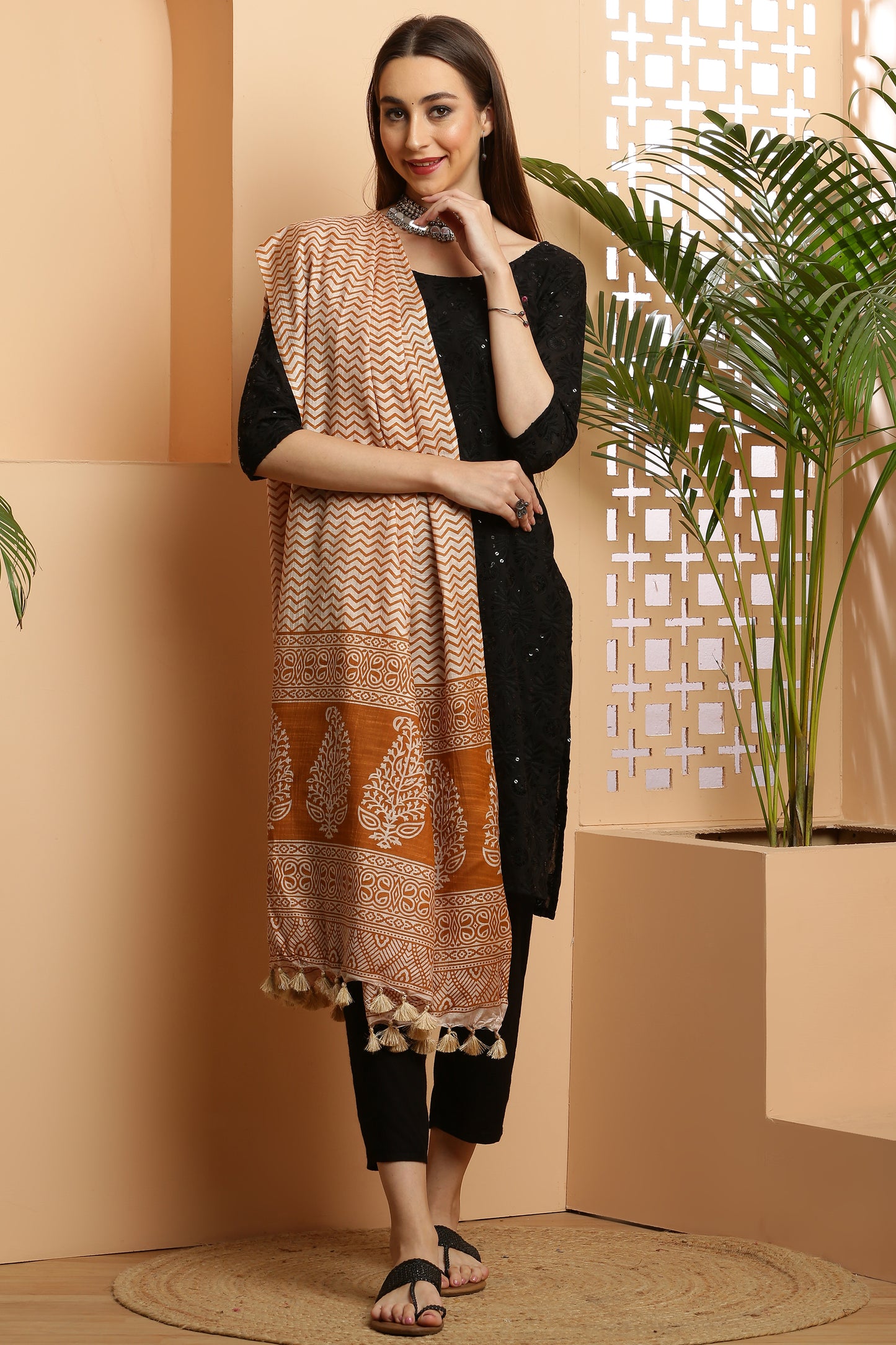 Dupatta-Bhagalpuri Katan - ZigZag Mustard Yellow