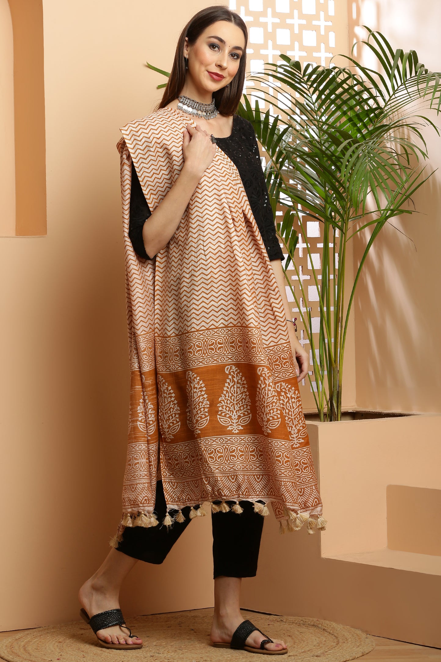 Dupatta-Bhagalpuri Katan - ZigZag Mustard Yellow