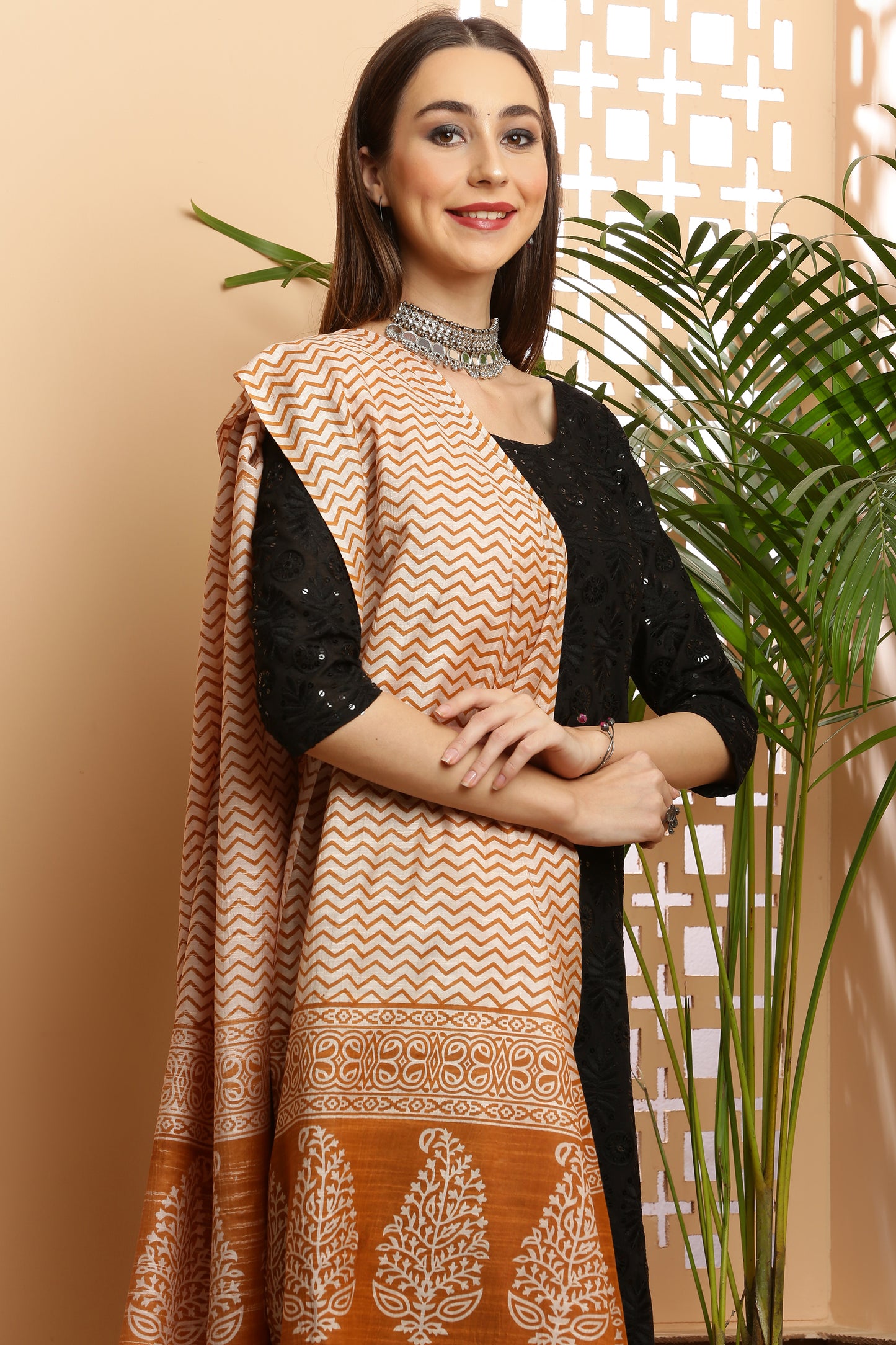 Dupatta-Bhagalpuri Katan - ZigZag Mustard Yellow