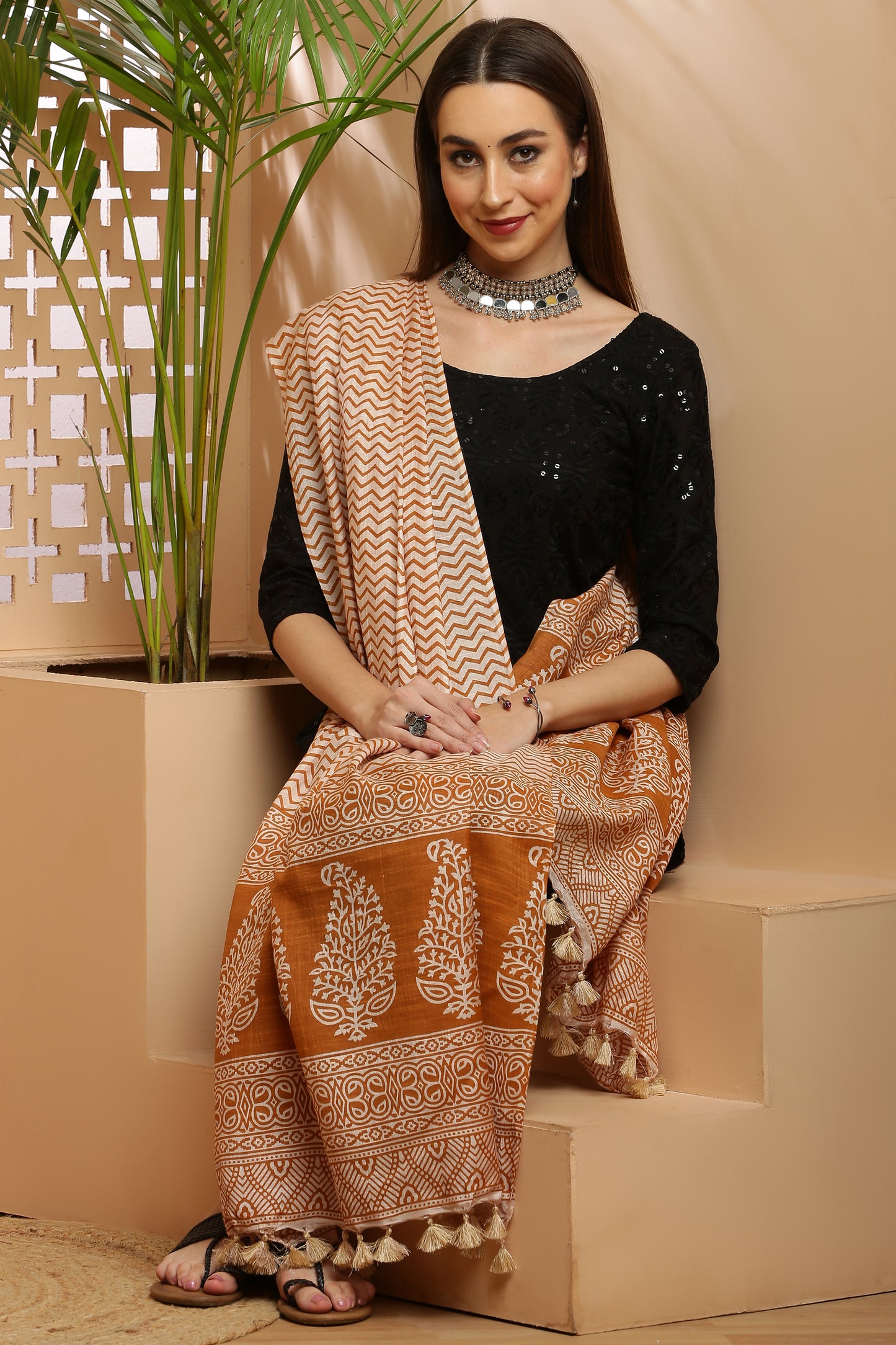 Dupatta-Bhagalpuri Katan - ZigZag Mustard Yellow
