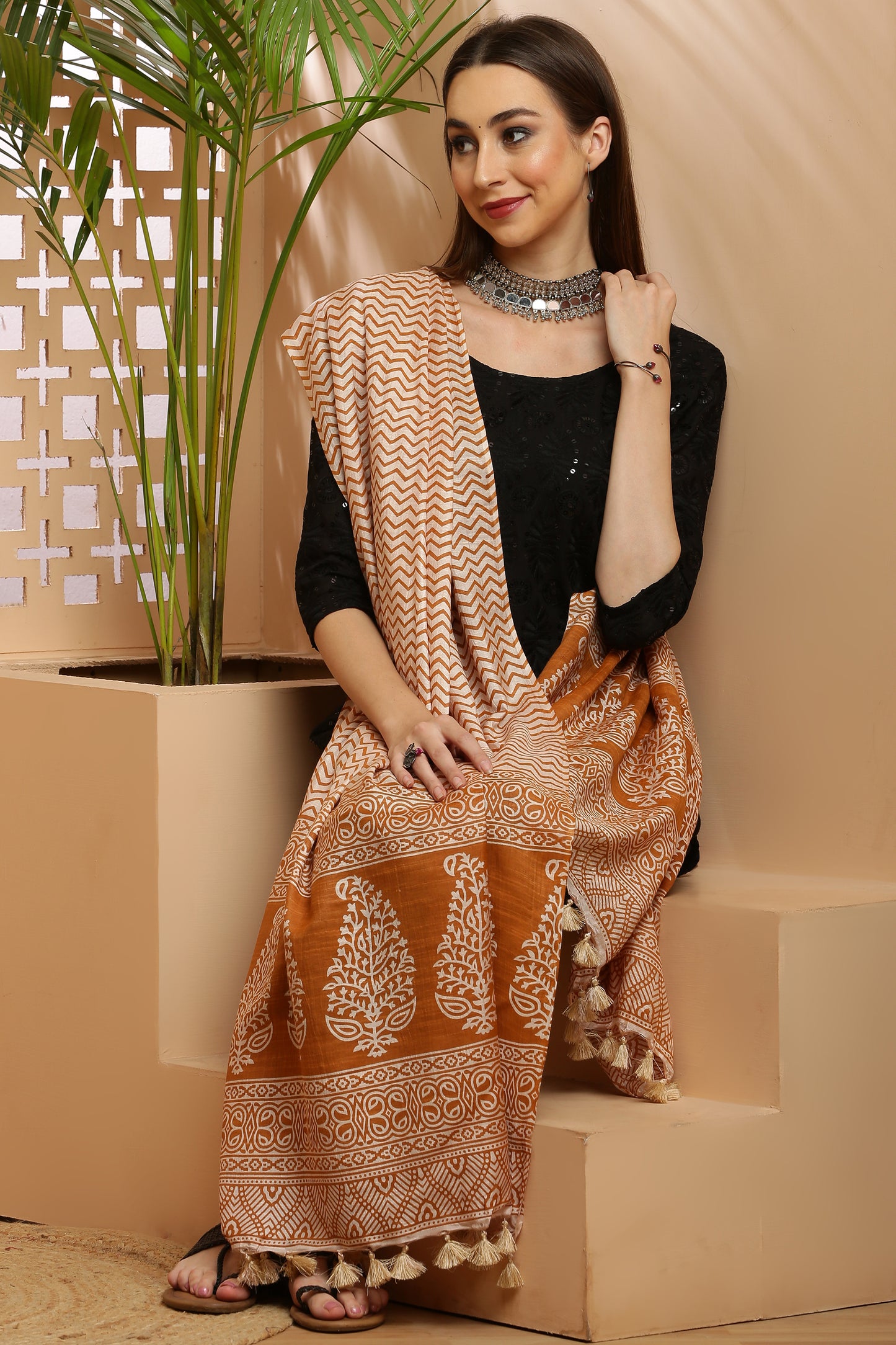 Dupatta-Bhagalpuri Katan - ZigZag Mustard Yellow