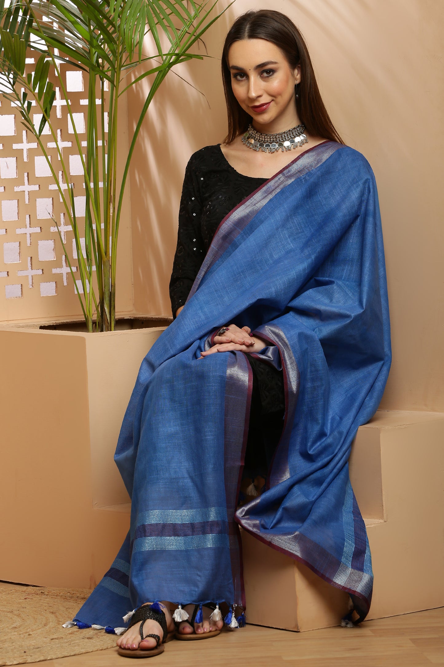 Dupatta -Cotton Slub Linen -Blue n Maroon