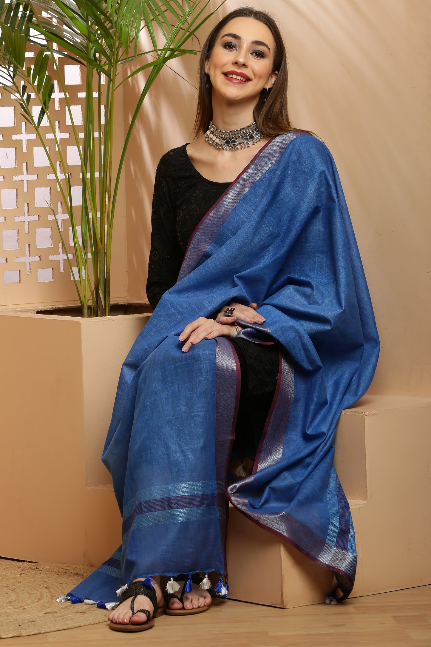 Dupatta -Cotton Slub Linen -Blue n Maroon