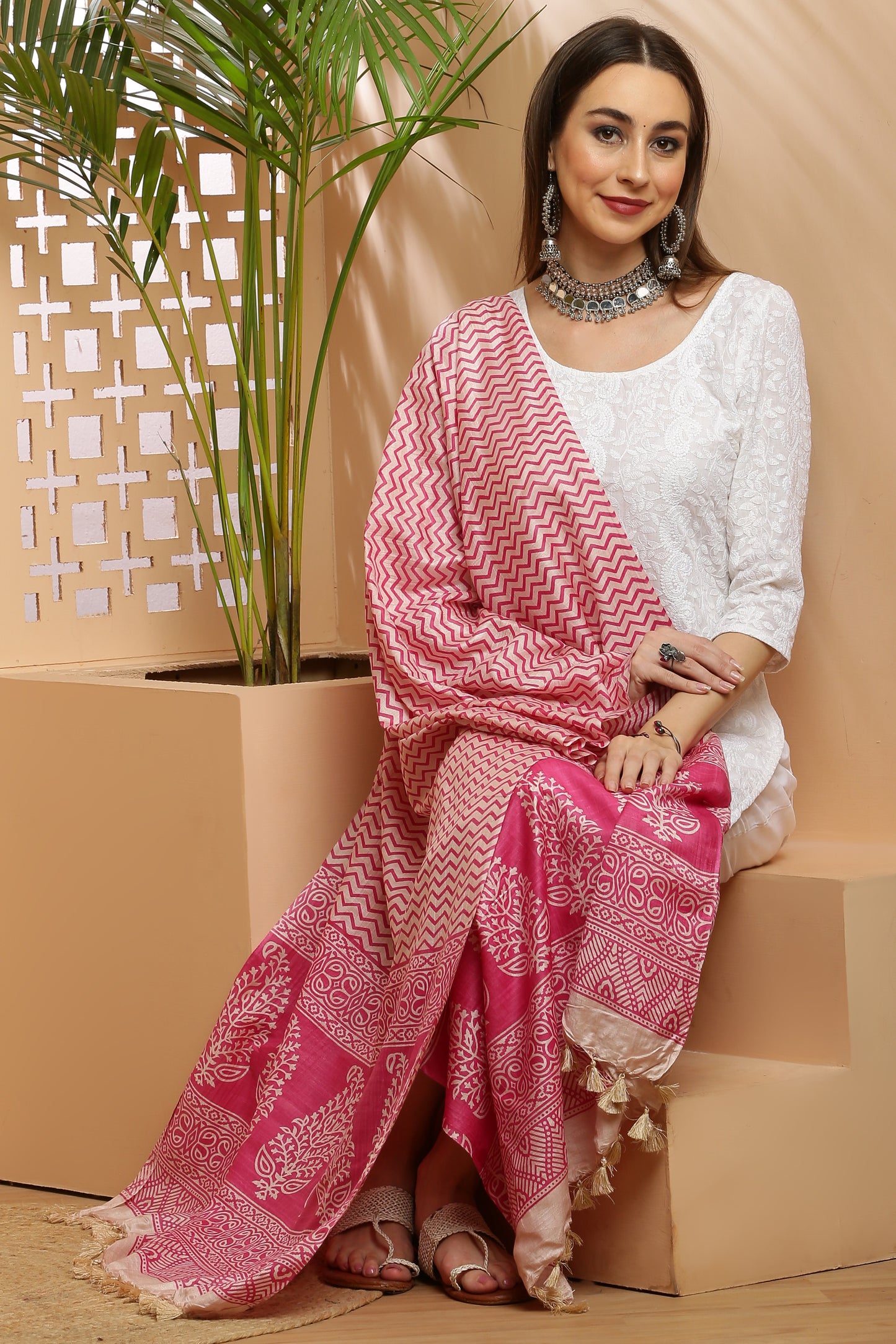 Dupatta-Bhagalpuri Katan - ZigZag Pink