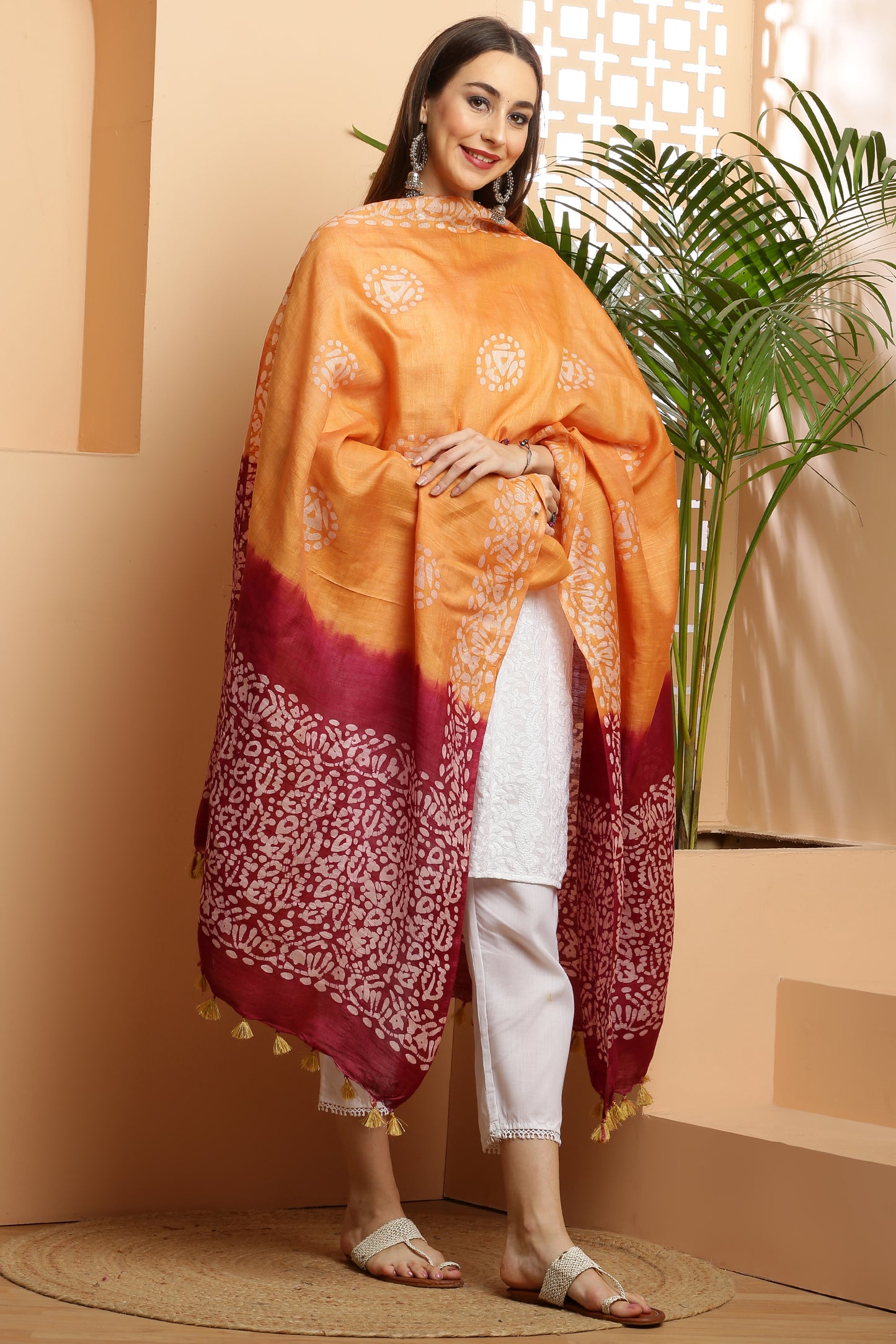 Dupatta-Bhagalpuri Katan - Batik Orangish Yellow n Maroon