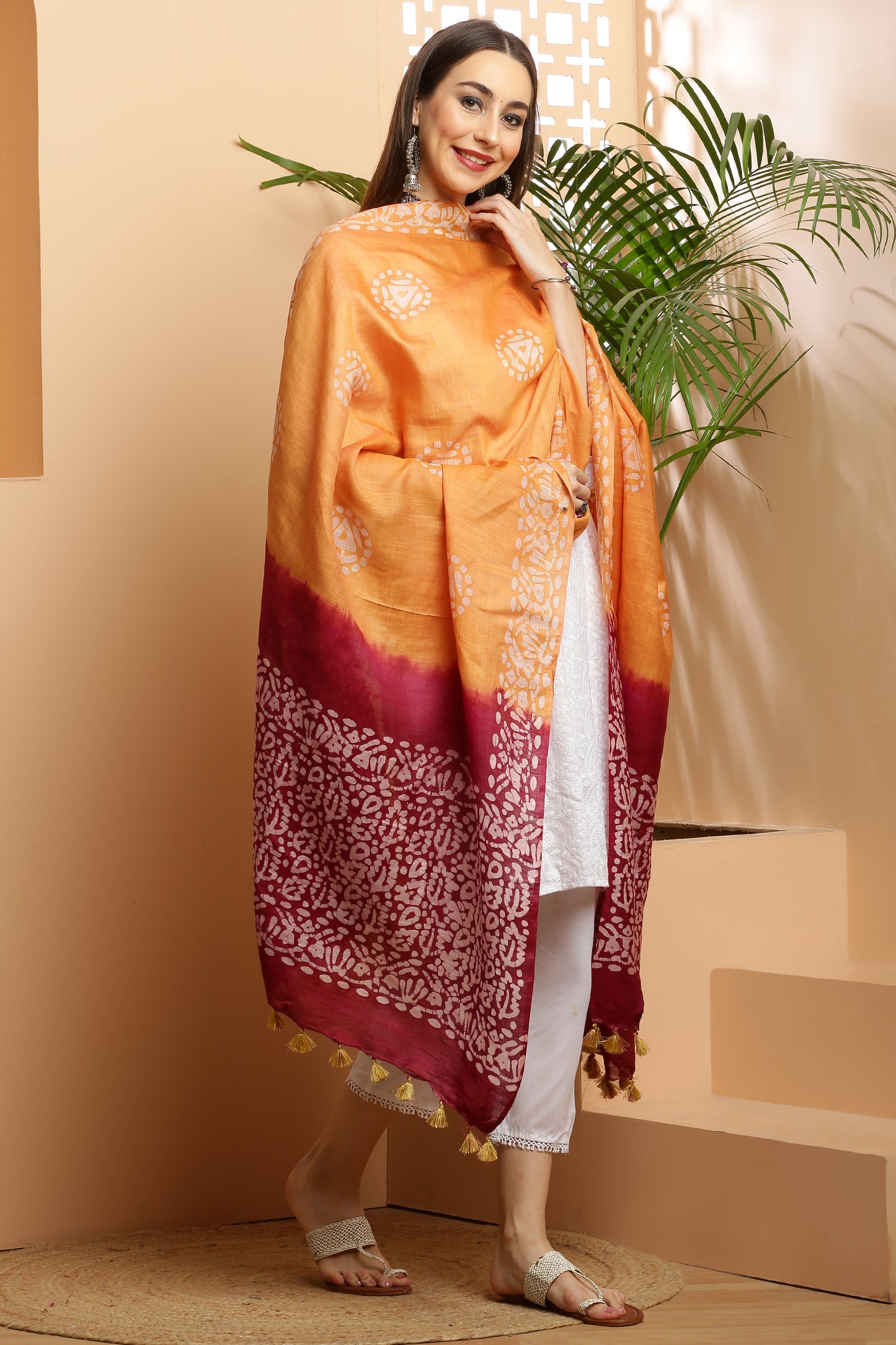 Dupatta-Bhagalpuri Katan - Batik Orangish Yellow n Maroon