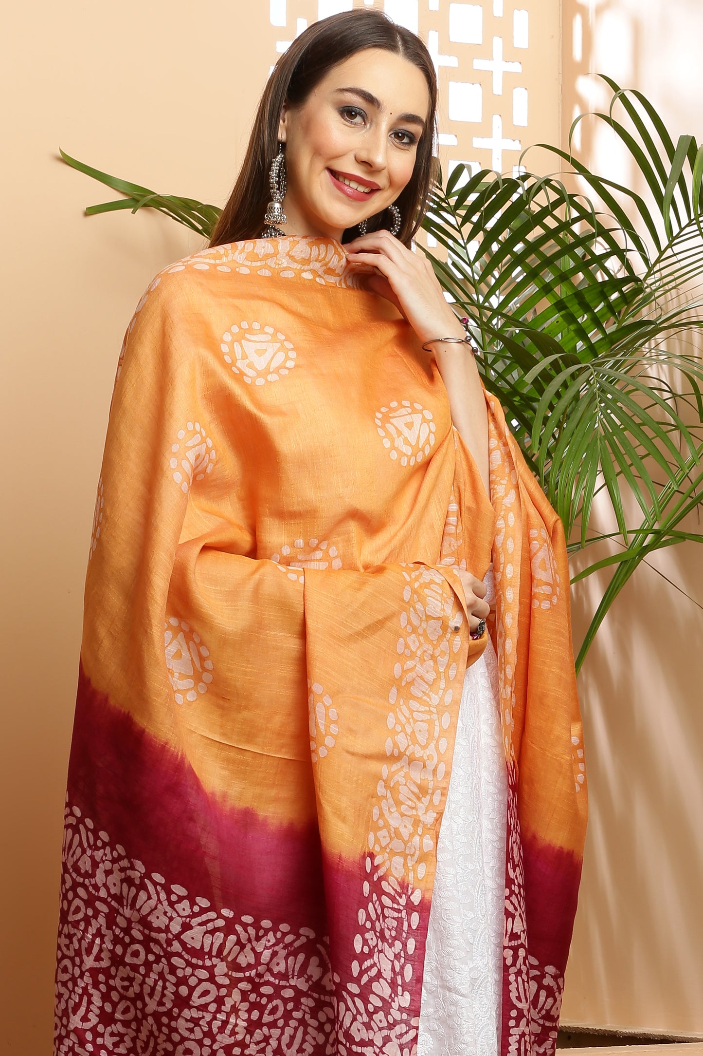 Dupatta-Bhagalpuri Katan - Batik Orangish Yellow n Maroon