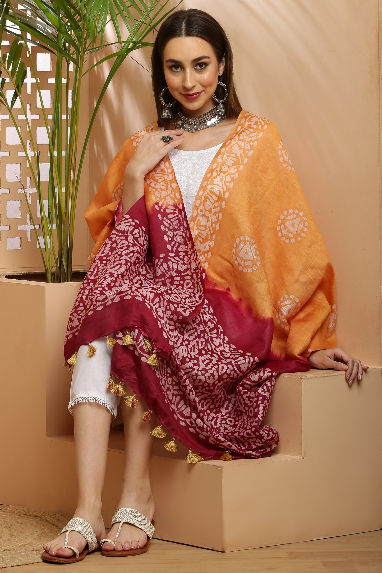 Dupatta-Bhagalpuri Katan - Batik Orangish Yellow n Maroon