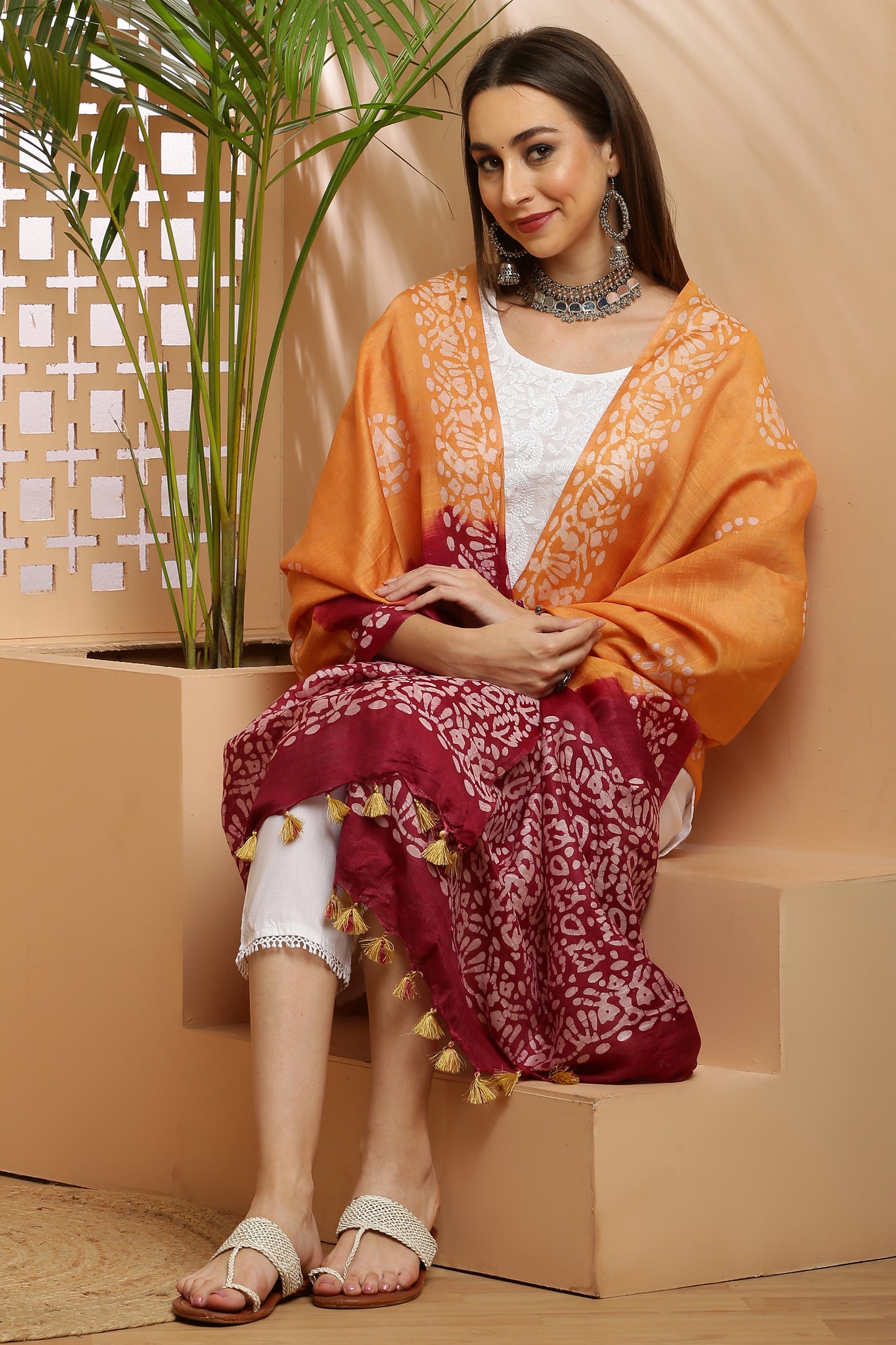 Dupatta-Bhagalpuri Katan - Batik Orangish Yellow n Maroon