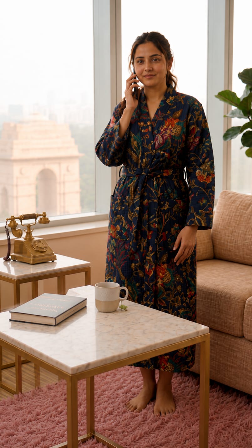 Signature Waffle Bathrobe- Navy Blue