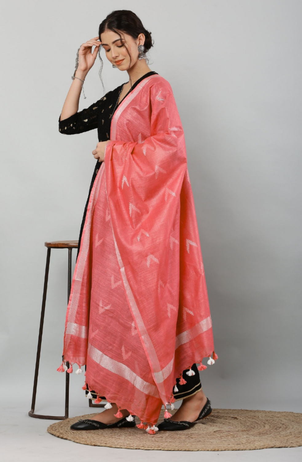 Dupatta-Cotton Ikkat Buta -Carrot Pink