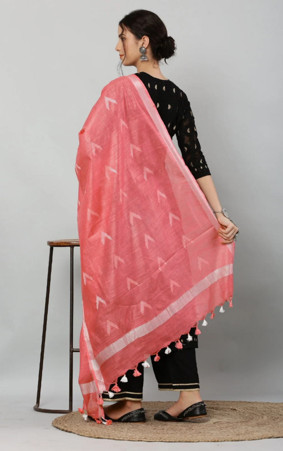 Dupatta-Cotton Ikkat Buta -Carrot Pink