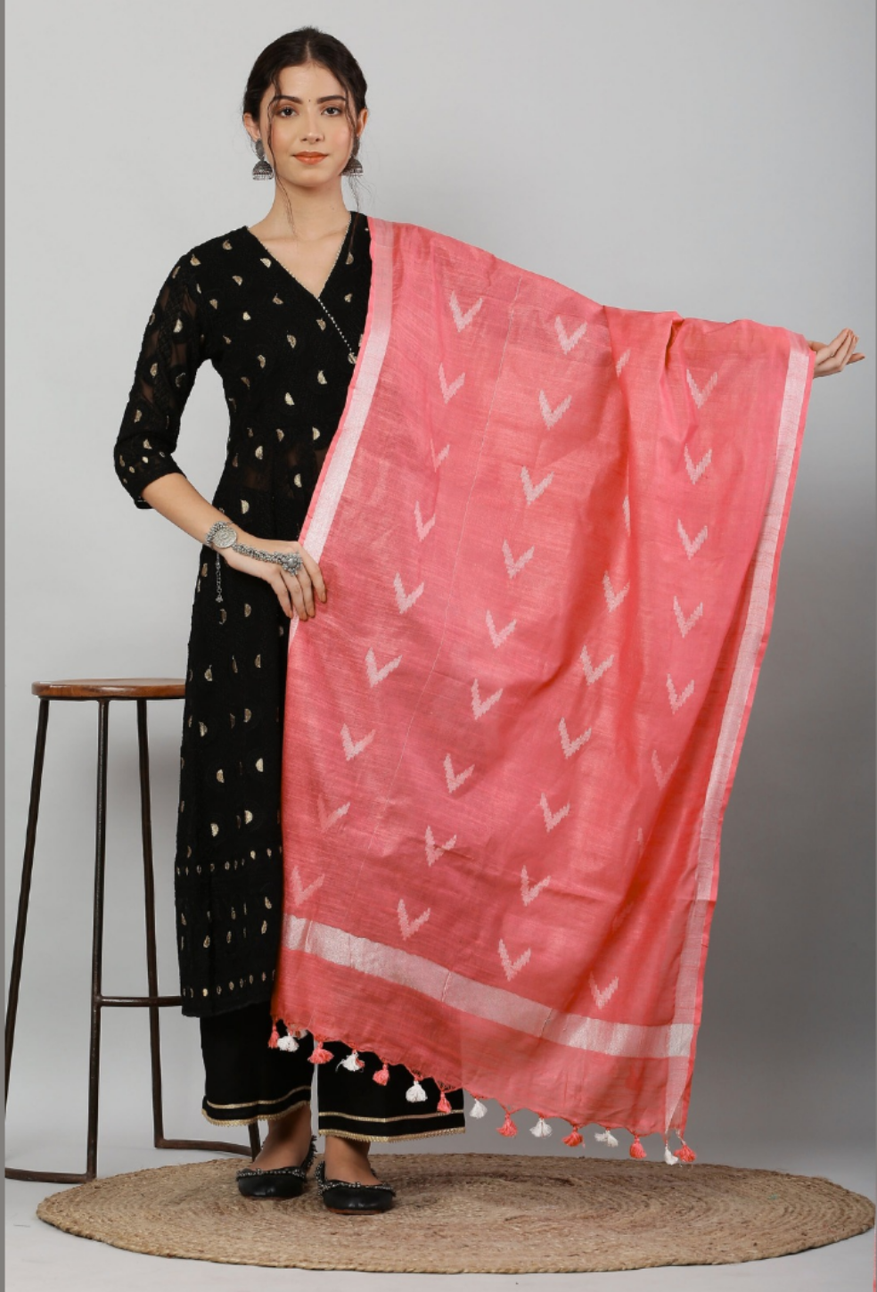 Dupatta-Cotton Ikkat Buta -Carrot Pink