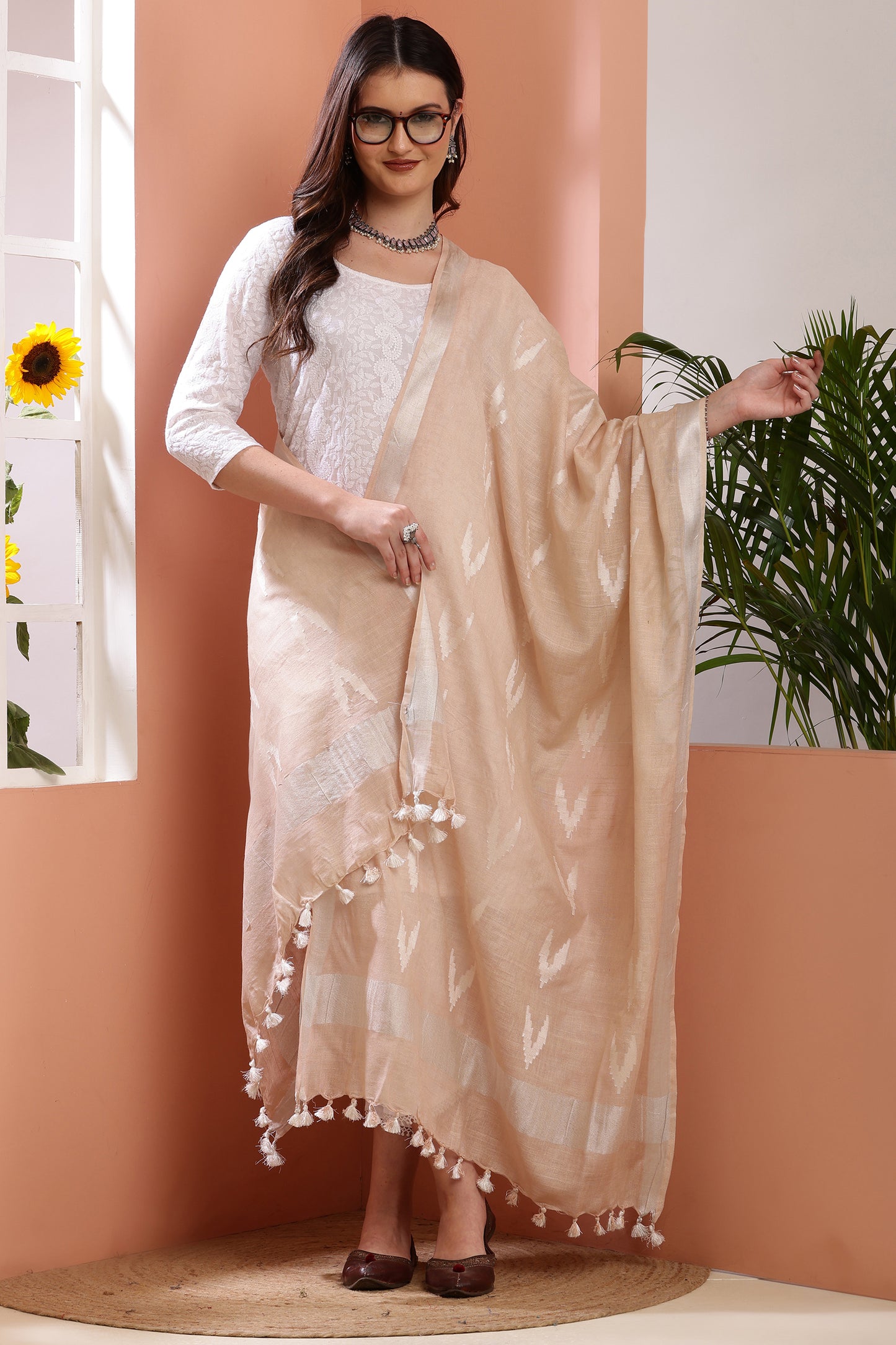 Dupatta -Ikkat Cotton Buta - Beige