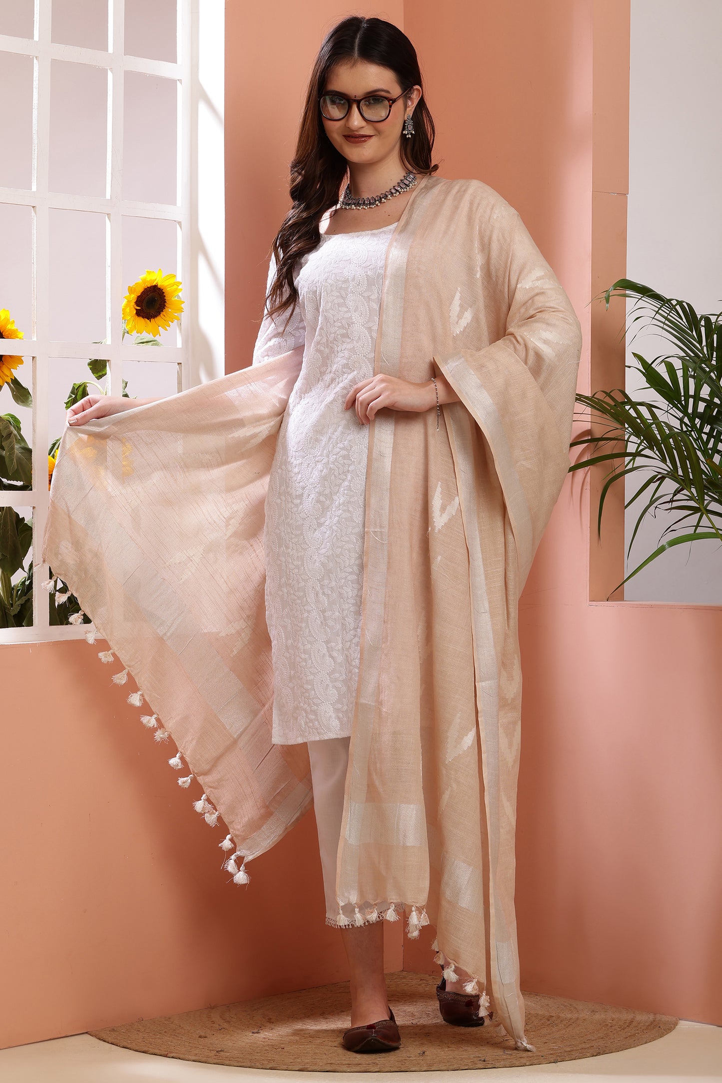 Dupatta -Ikkat Cotton Buta - Beige