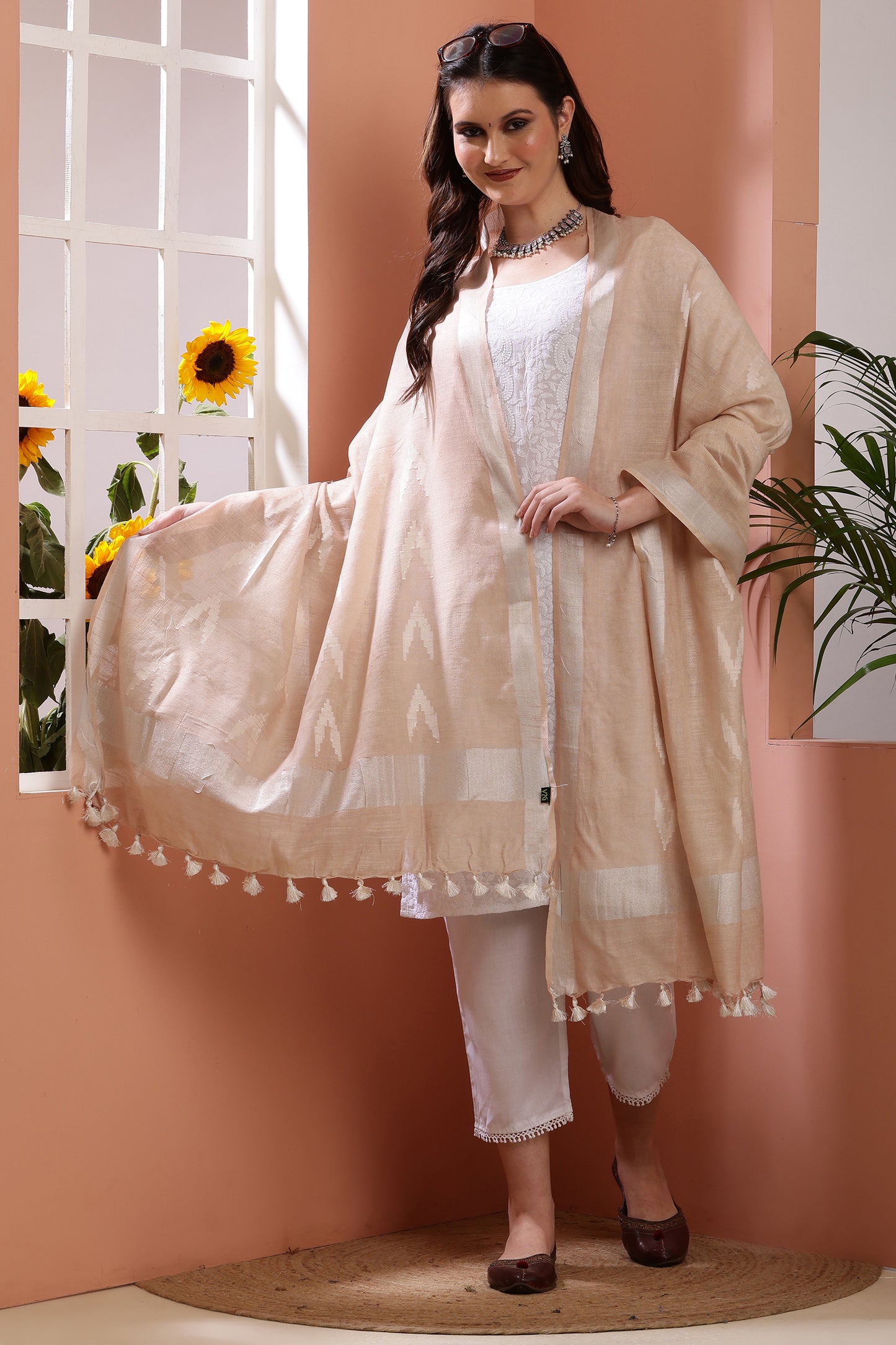 Dupatta -Ikkat Cotton Buta - Beige