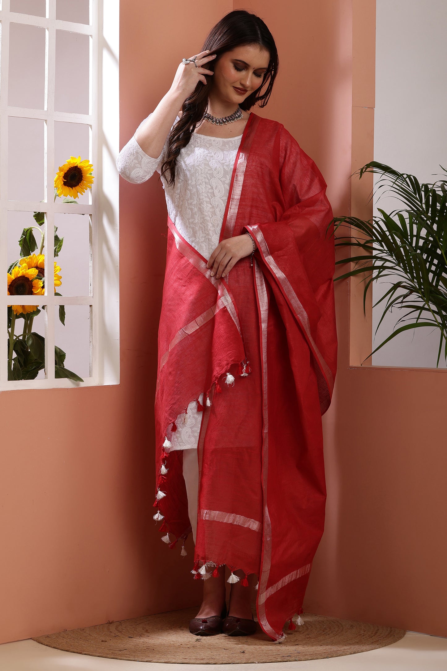Dupatta-Cotton Slub Linen - Red