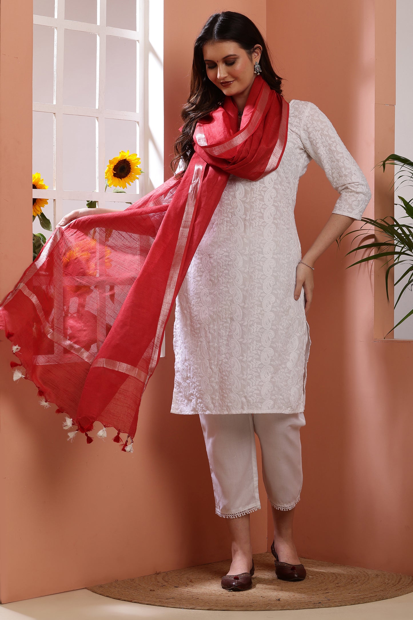 Dupatta-Cotton Slub Linen - Red
