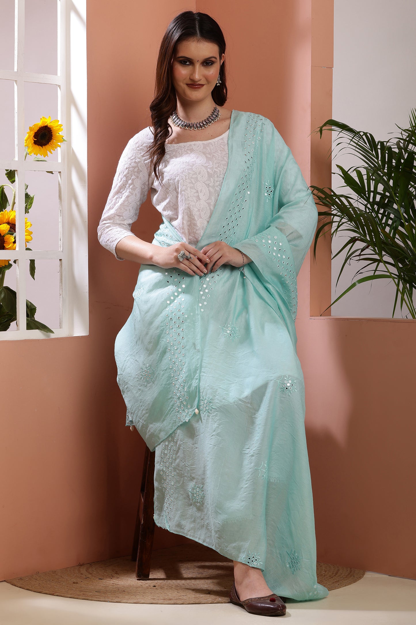Dupatta- Cotton Silk Foil Mirror Work- Sea Blue