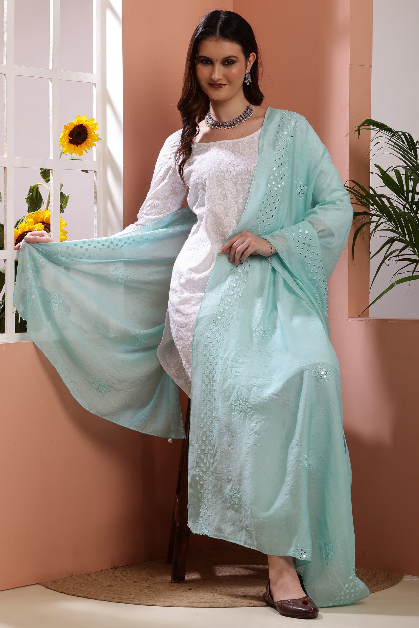 Dupatta- Cotton Silk Foil Mirror Work- Sea Blue