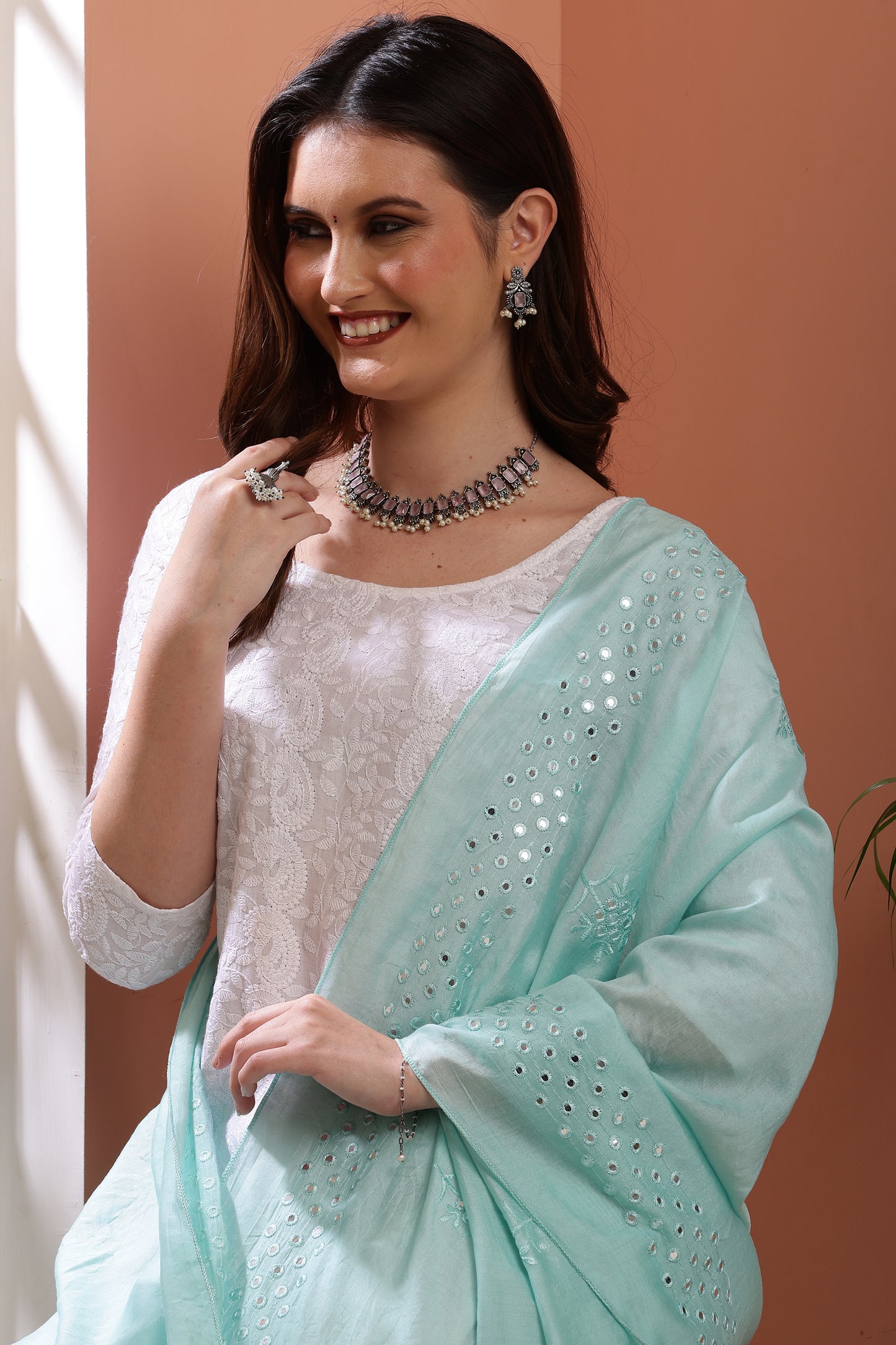 Dupatta- Cotton Silk Foil Mirror Work- Sea Blue