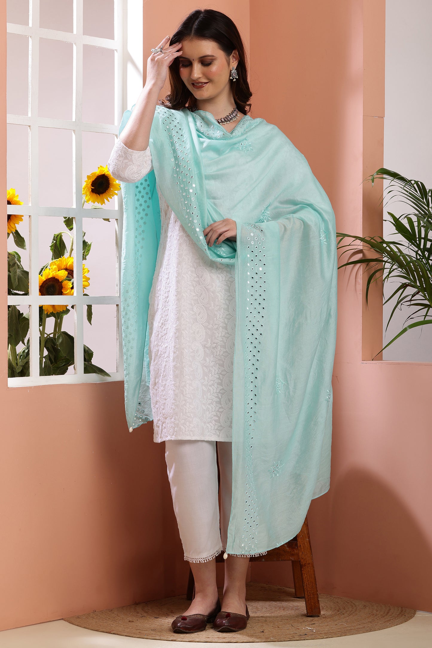 Dupatta- Cotton Silk Foil Mirror Work- Sea Blue