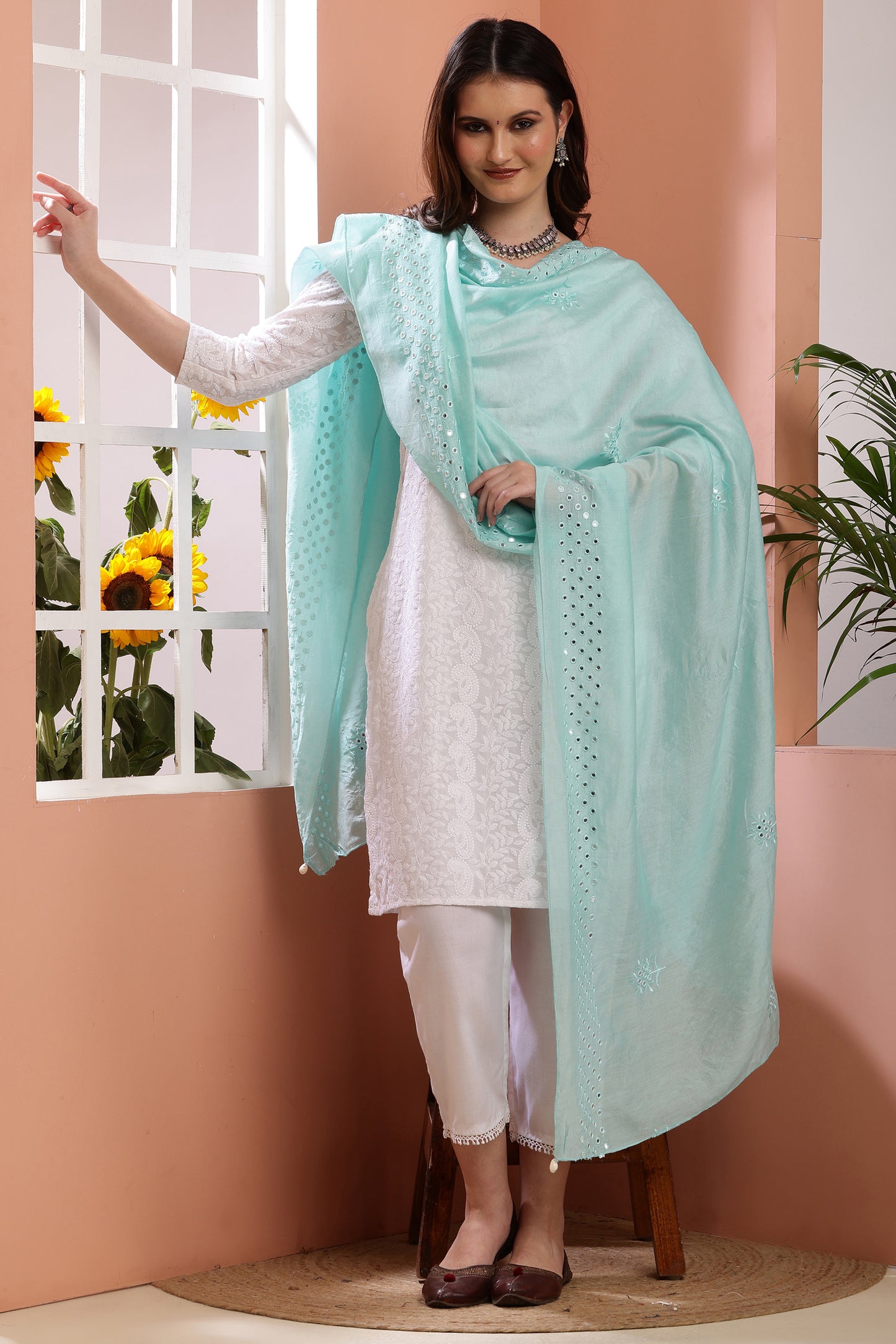 Dupatta- Cotton Silk Foil Mirror Work- Sea Blue