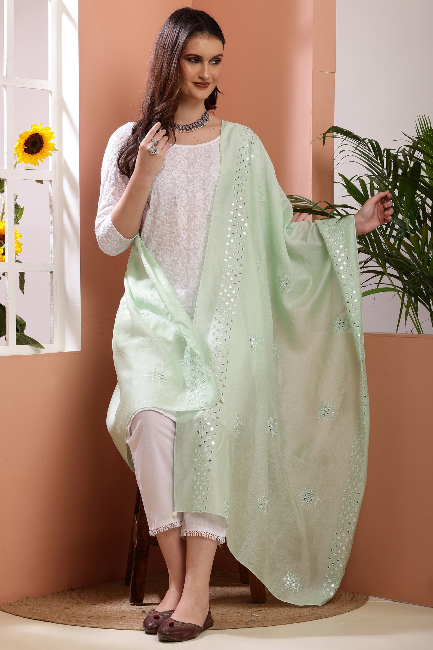 Dupatta- Cotton Silk Foil Mirror Work- Sea Green