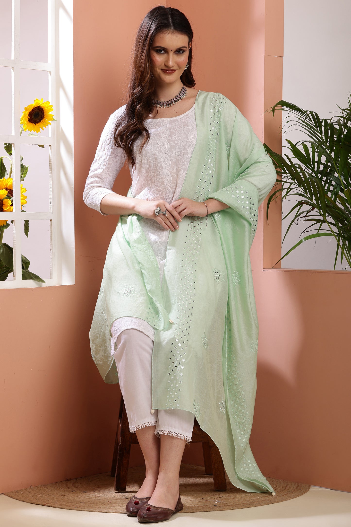 Dupatta- Cotton Silk Foil Mirror Work- Sea Green