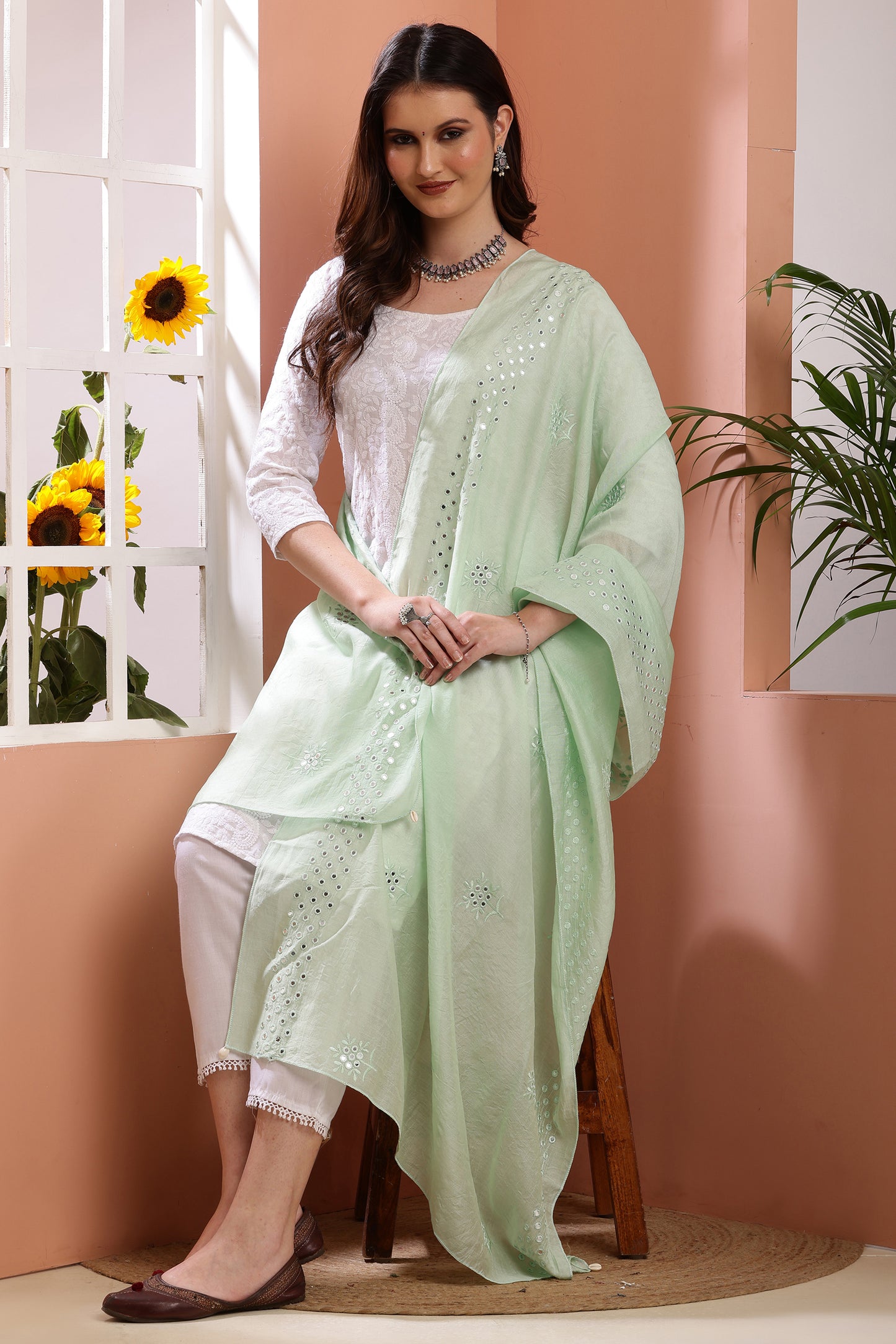 Dupatta- Cotton Silk Foil Mirror Work- Sea Green