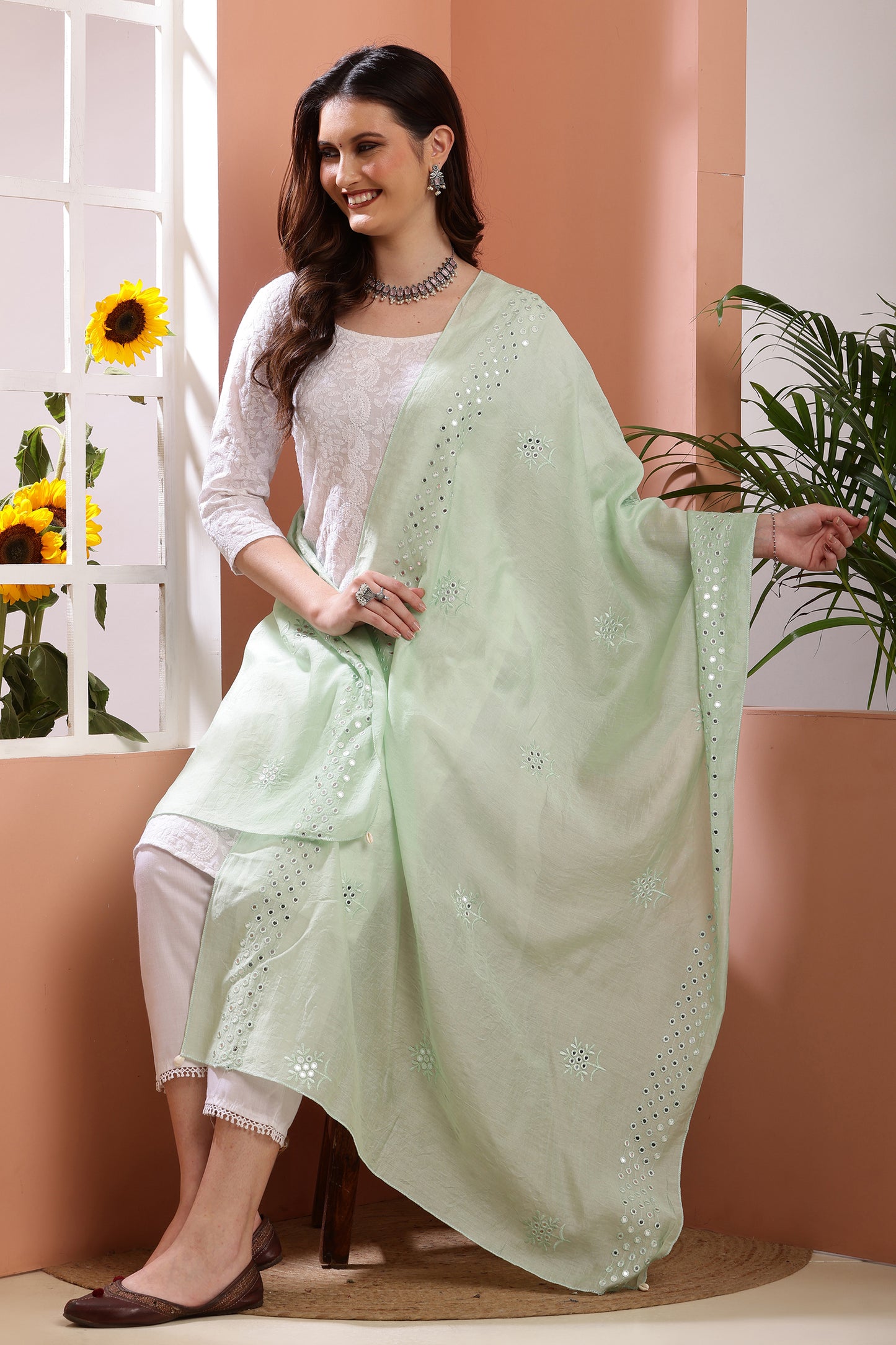 Dupatta- Cotton Silk Foil Mirror Work- Sea Green