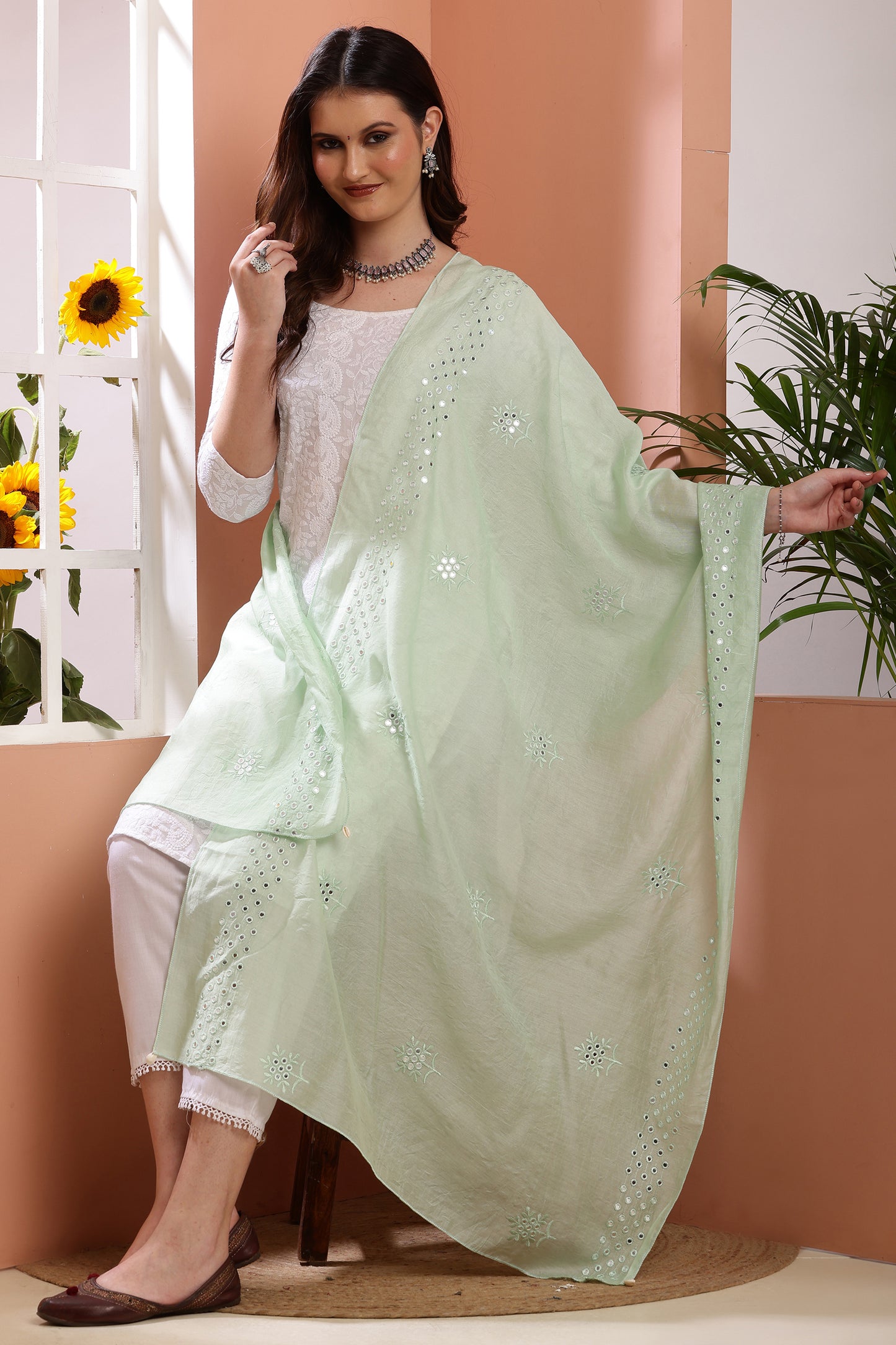 Dupatta- Cotton Silk Foil Mirror Work- Sea Green