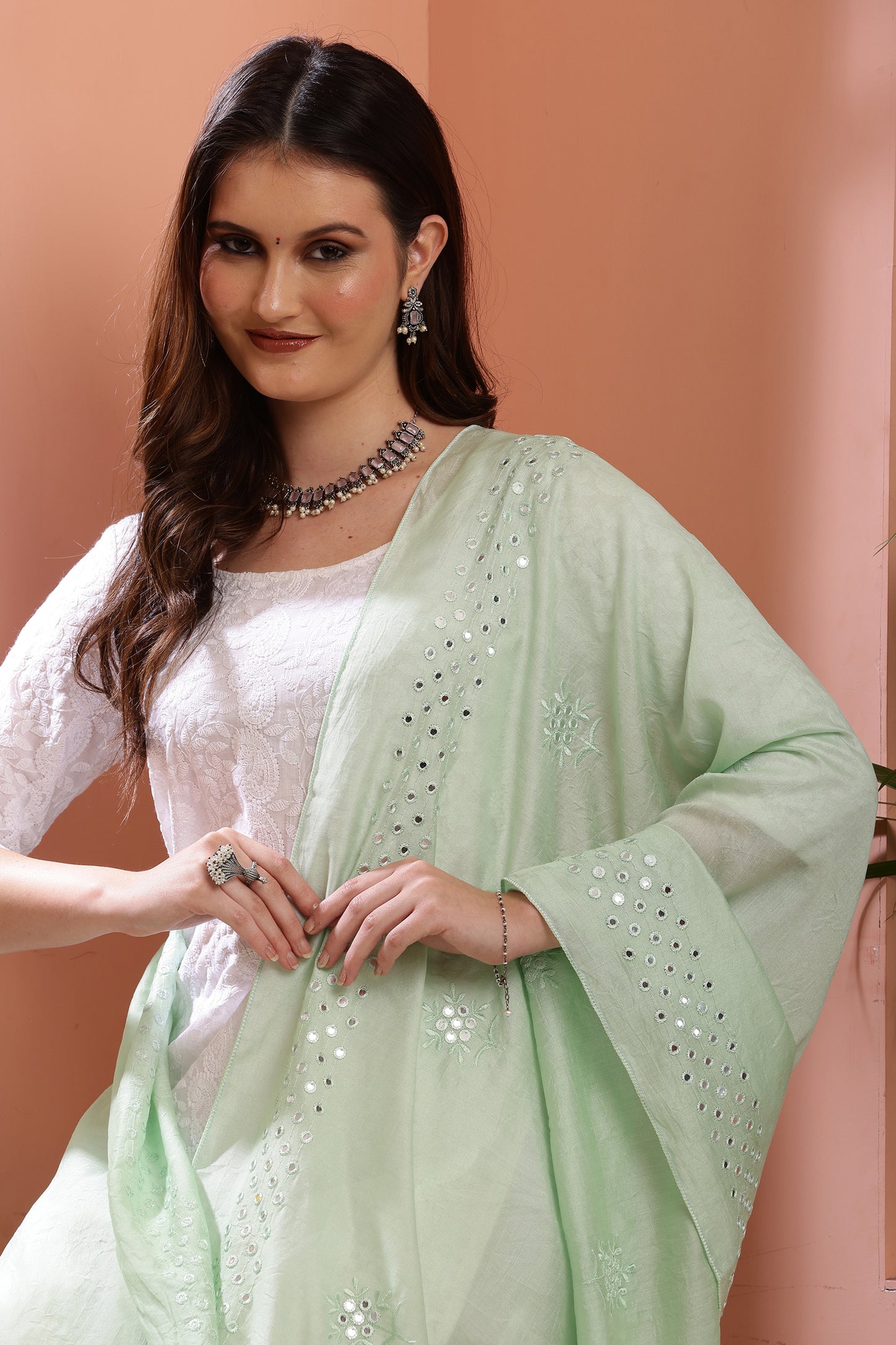 Dupatta- Cotton Silk Foil Mirror Work- Sea Green