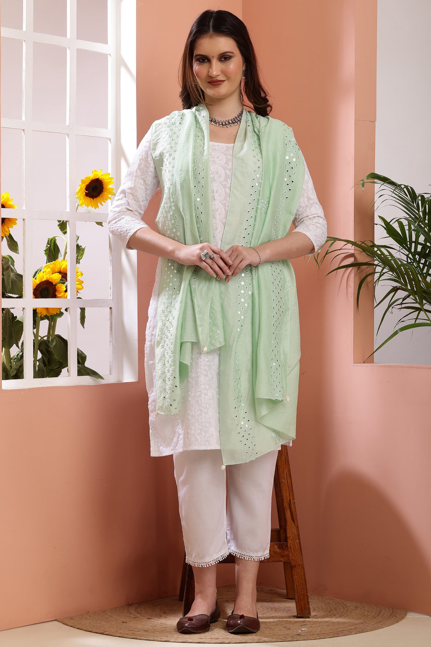 Dupatta- Cotton Silk Foil Mirror Work- Sea Green