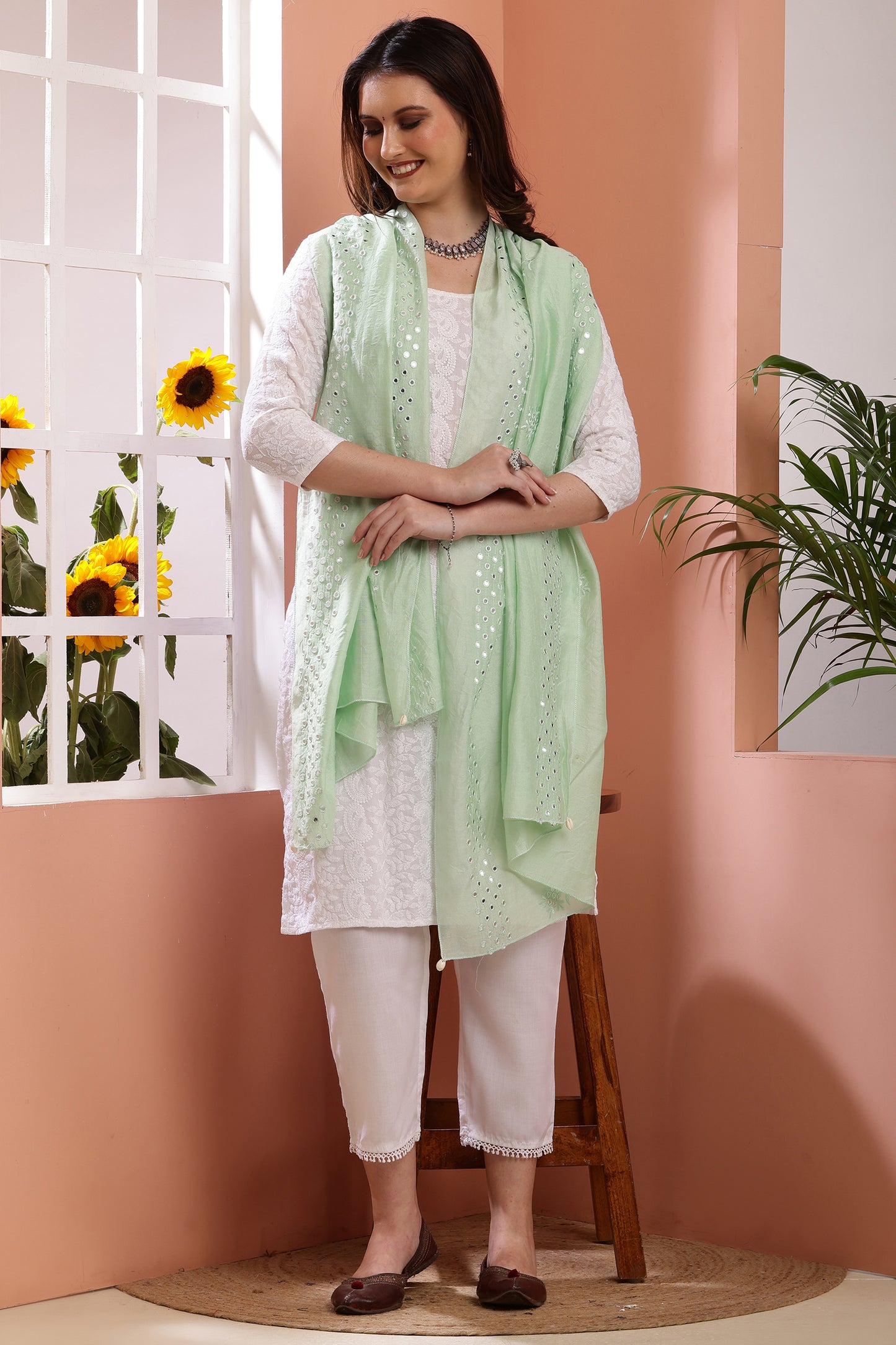 Dupatta- Cotton Silk Foil Mirror Work- Sea Green