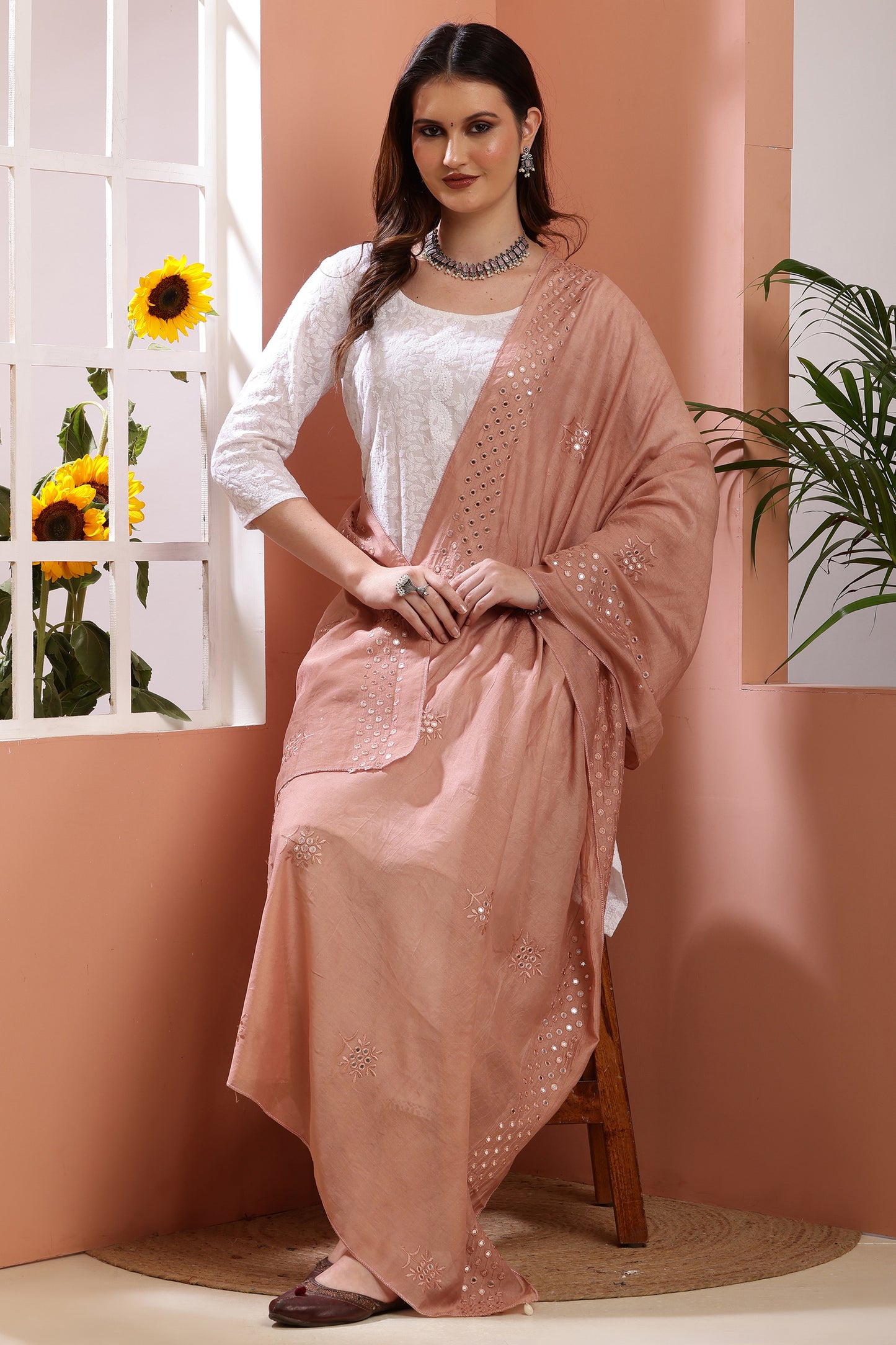 Dupatta- Cotton Silk Foil Mirror Work- Pinkish Brown