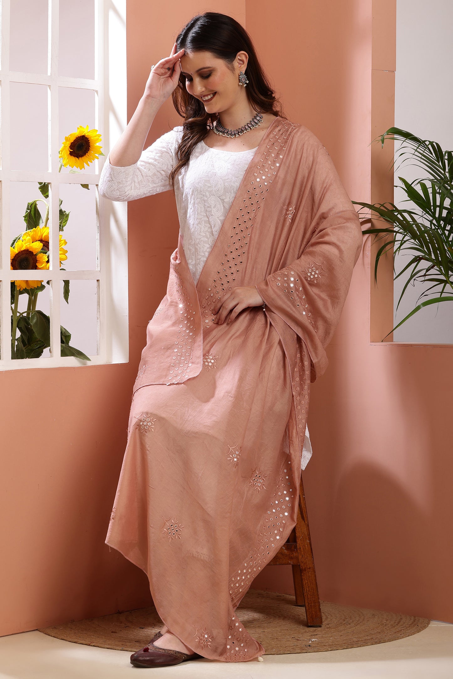 Dupatta- Cotton Silk Foil Mirror Work- Pinkish Brown