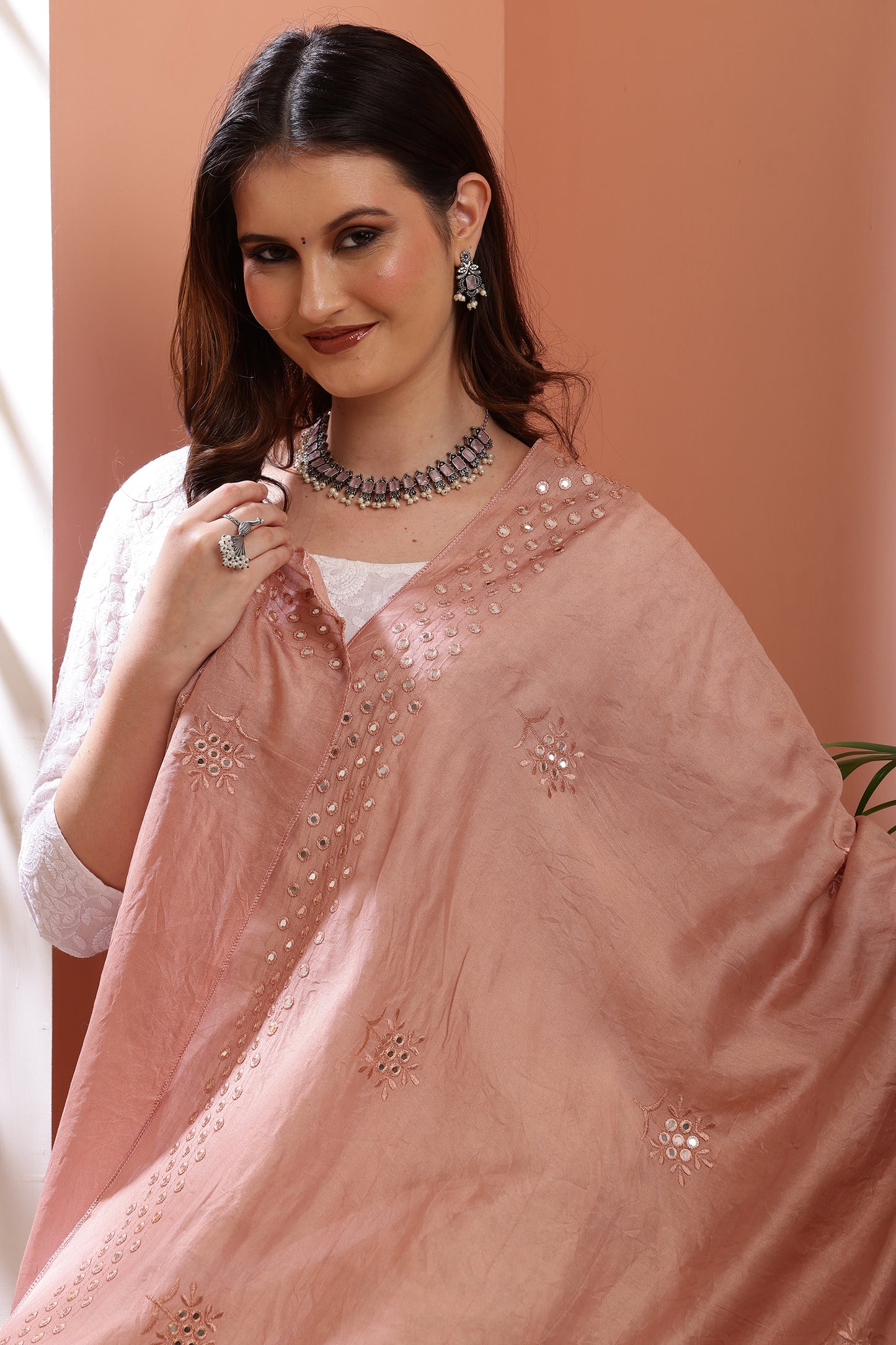Dupatta- Cotton Silk Foil Mirror Work- Pinkish Brown