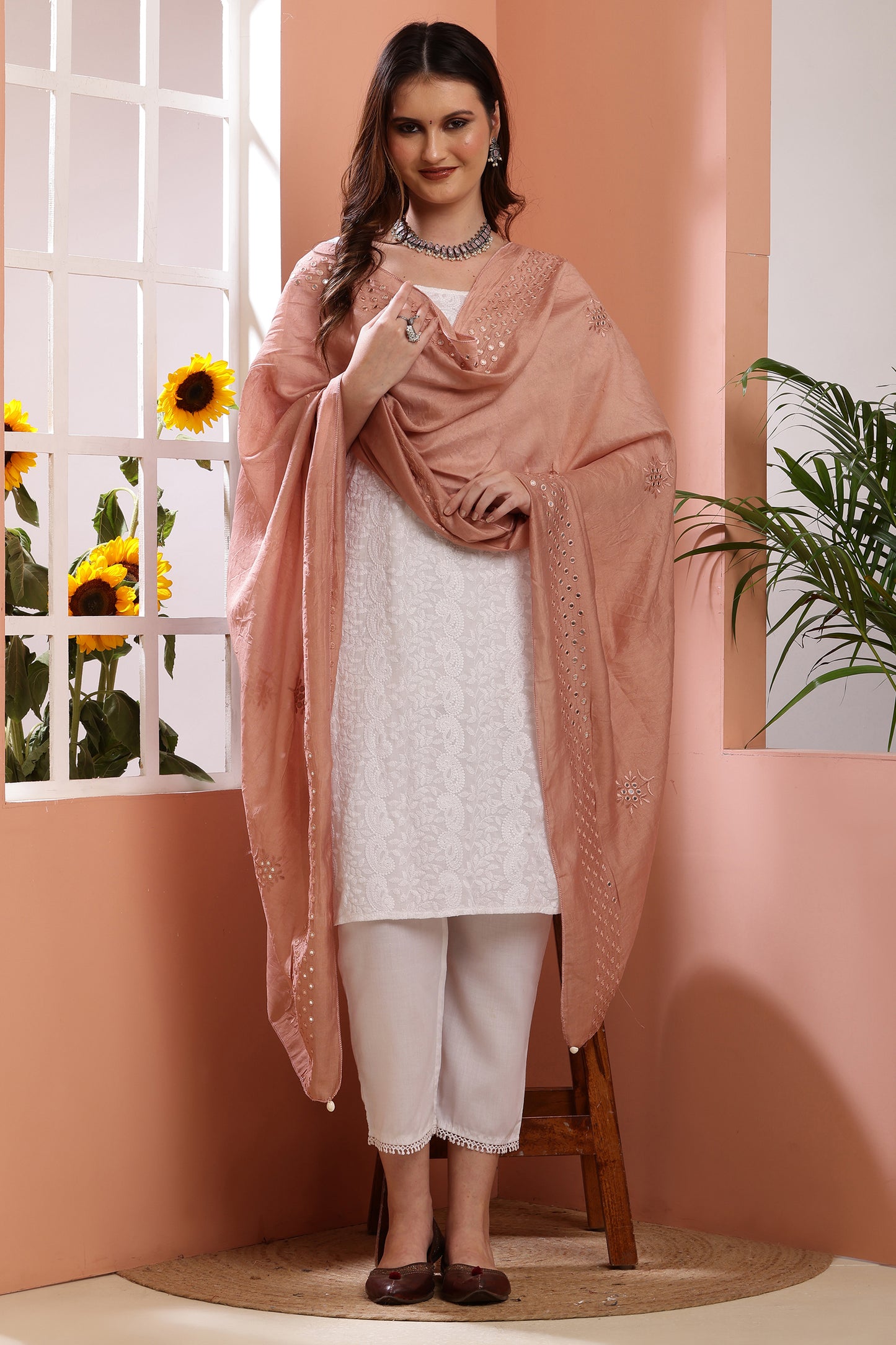Dupatta- Cotton Silk Foil Mirror Work- Pinkish Brown