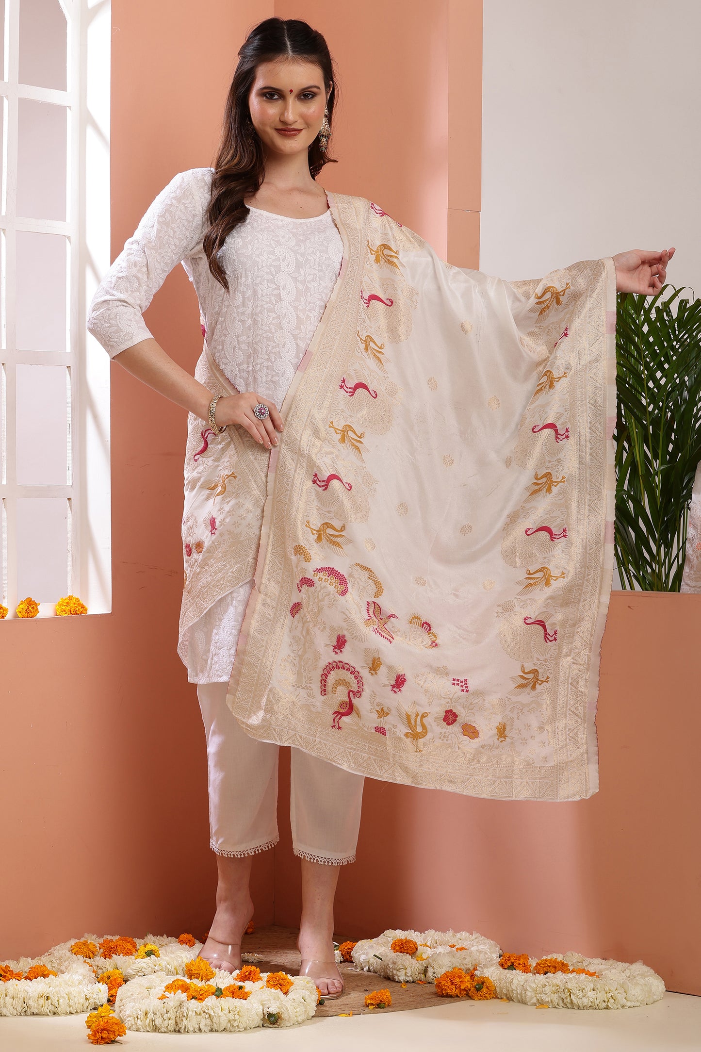 Dupatta-Dyeable Mina Work Pure Viscose- Mina Peacock