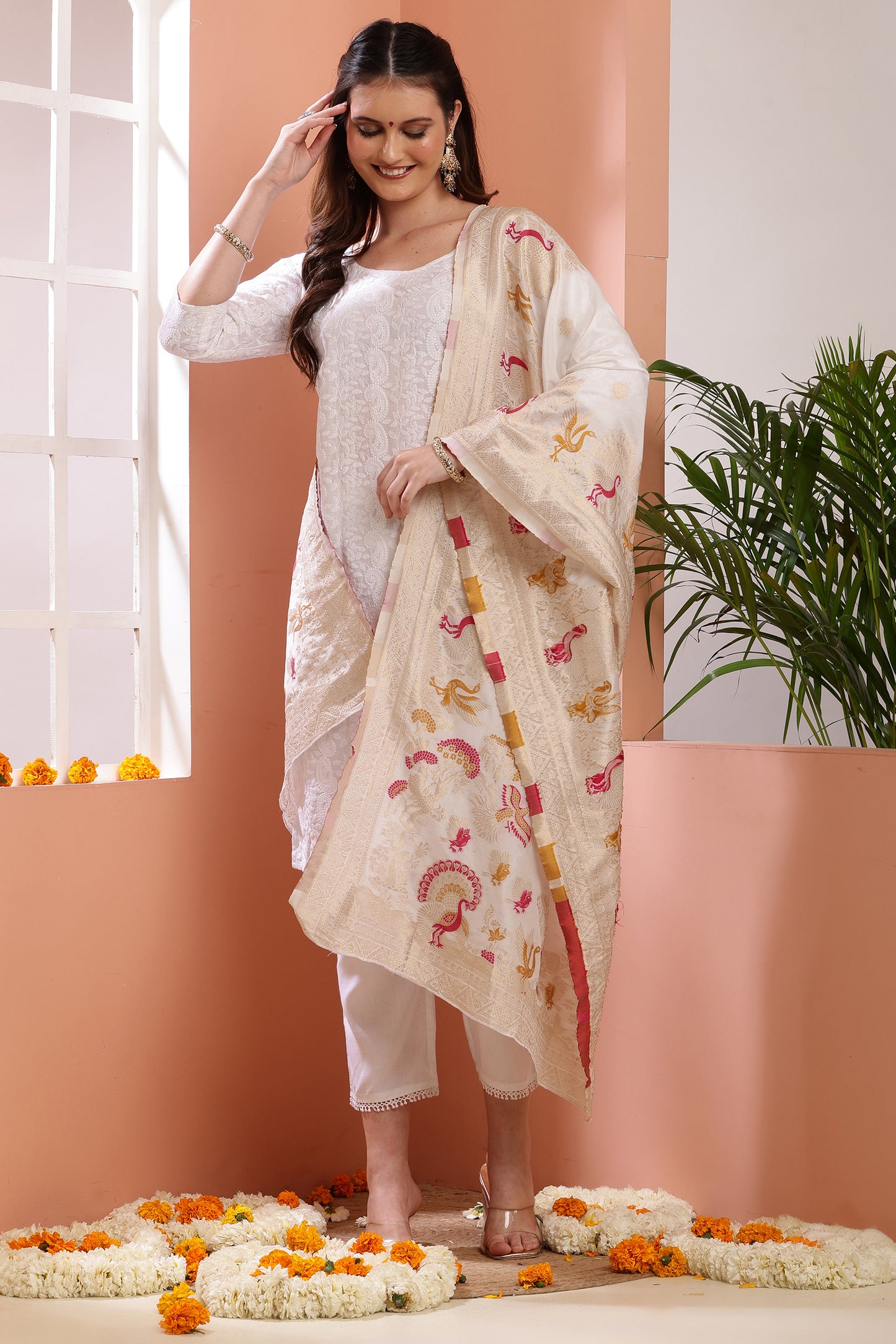 Dupatta-Dyeable Mina Work Pure Viscose- Mina Peacock