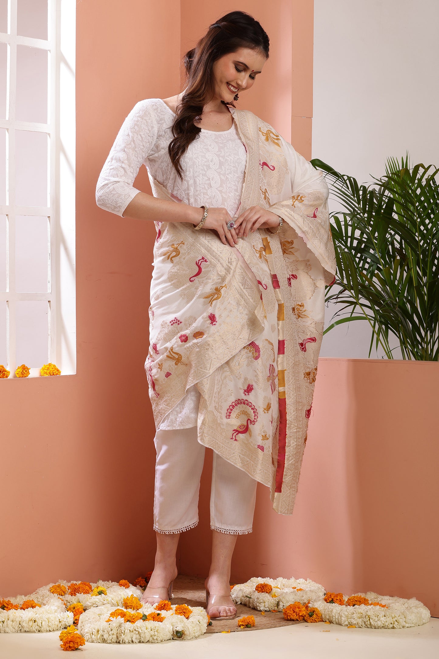 Dupatta-Dyeable Mina Work Pure Viscose- Mina Peacock