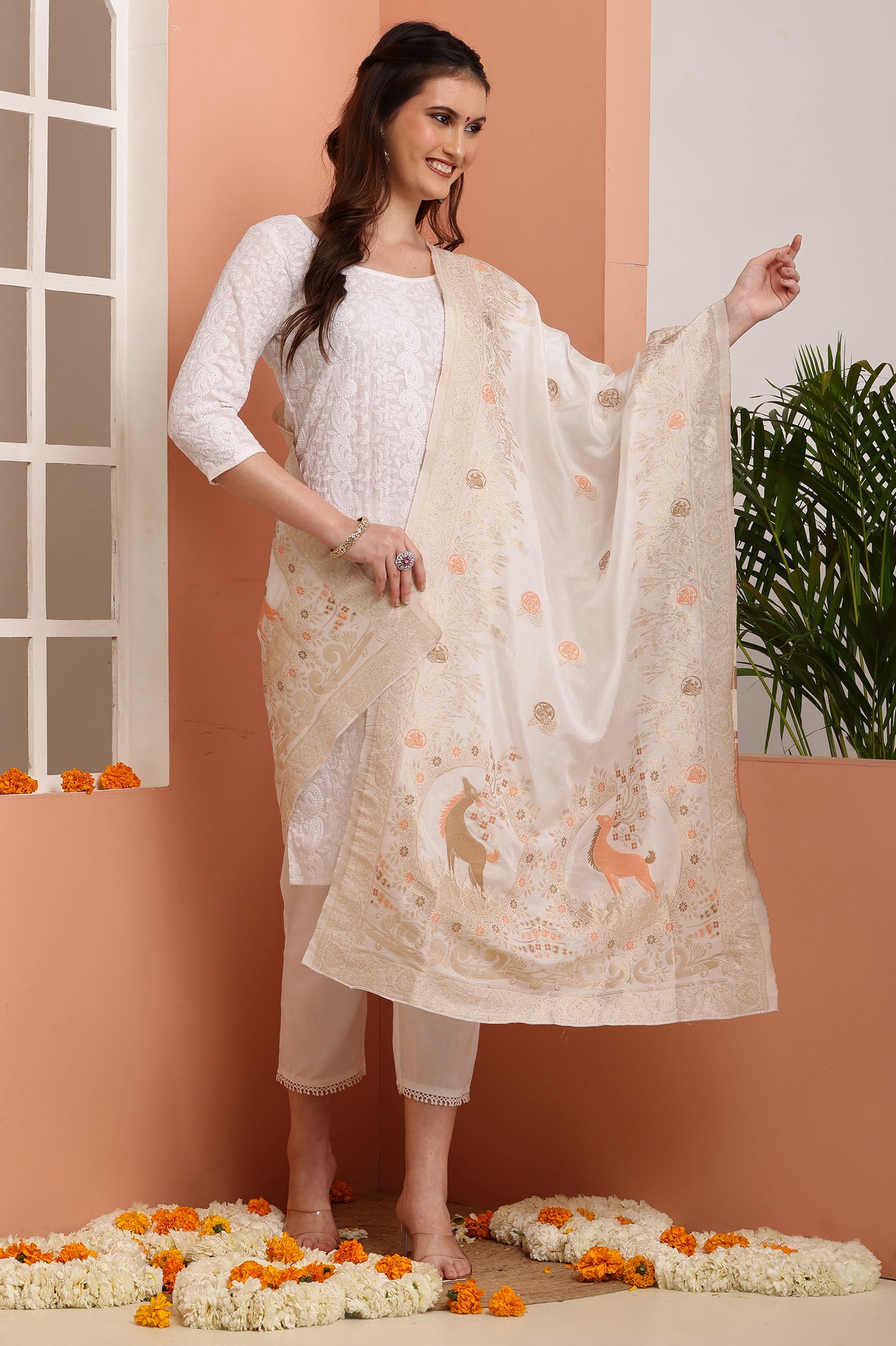 Dupatta-Dyeable Mina Work Pure Viscose- Mina Deer